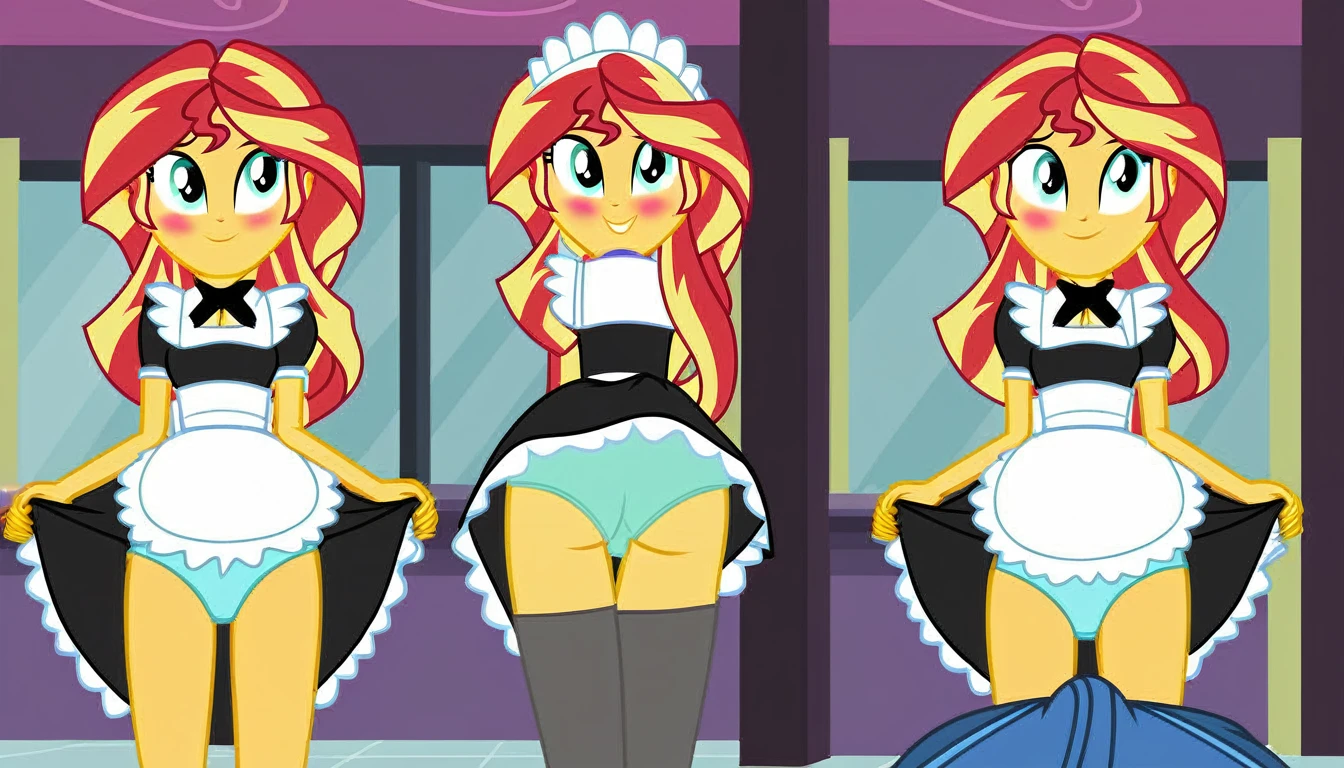 upskirt, duo focus, equestria girls, blushing, sunset shimmer, vagina in panties, smiling, butt, clothes, maid, panties, big butt, underwear, sunbutt, show accurate, vector, male pov, tenting, crotch bulge, erection in pants, offscreen male character