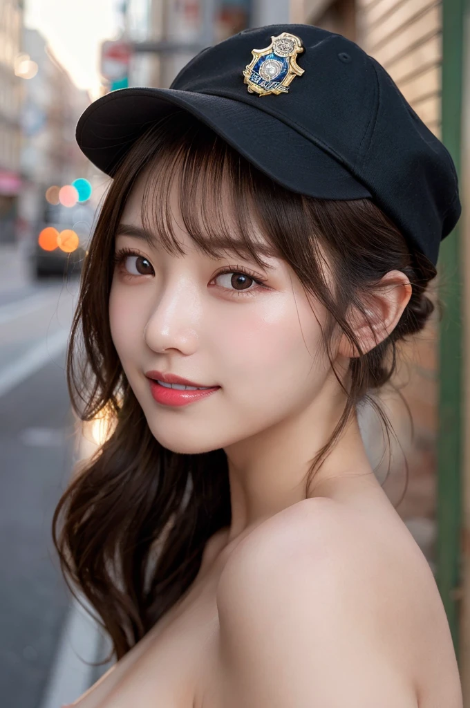 (masterpiece:1.3), high resolution, ultra detailed, extremely detailed CG unity 8k wallpaper, realistic, photo-realistic, RAW photo, beautiful detailed face, pale skin, realistic glistening skin, detailed cloth texture, detailed hair texture, Perfect body, Beautiful Face, accurate, Anatomically correct, Highly detailed face and skin texture, natural neck length, (beautiful hands), (fair skin:1.1), (well-aligned teeth:1.1), (Sweaty skin:1.2), 
BREAK, 
Detailed eyes, symmetric eyes, Light Brown eyes, Double eyelids, Thin eyebrows, (Glossy lips:1.4), ((A face with waiting for a kiss:1.2)), (blush:1.1), (A sparkling small hair accessory:1.1), (beautiful smile:1.1), (having microphone:1.3),
BREAK, 
(A classy and Cute police woman:1.3), (nude, , nipple:1.4), 
BREAK, 
medium large breasts, slender figure, firm abs, 
((half updo, black hair, bangs:1.2)),  (cowboy shot:1.2), (looking at viewer), cowboy shot, From above, 
BREAK, 
(standing in alley:1.3), (wearing hat:1.3),