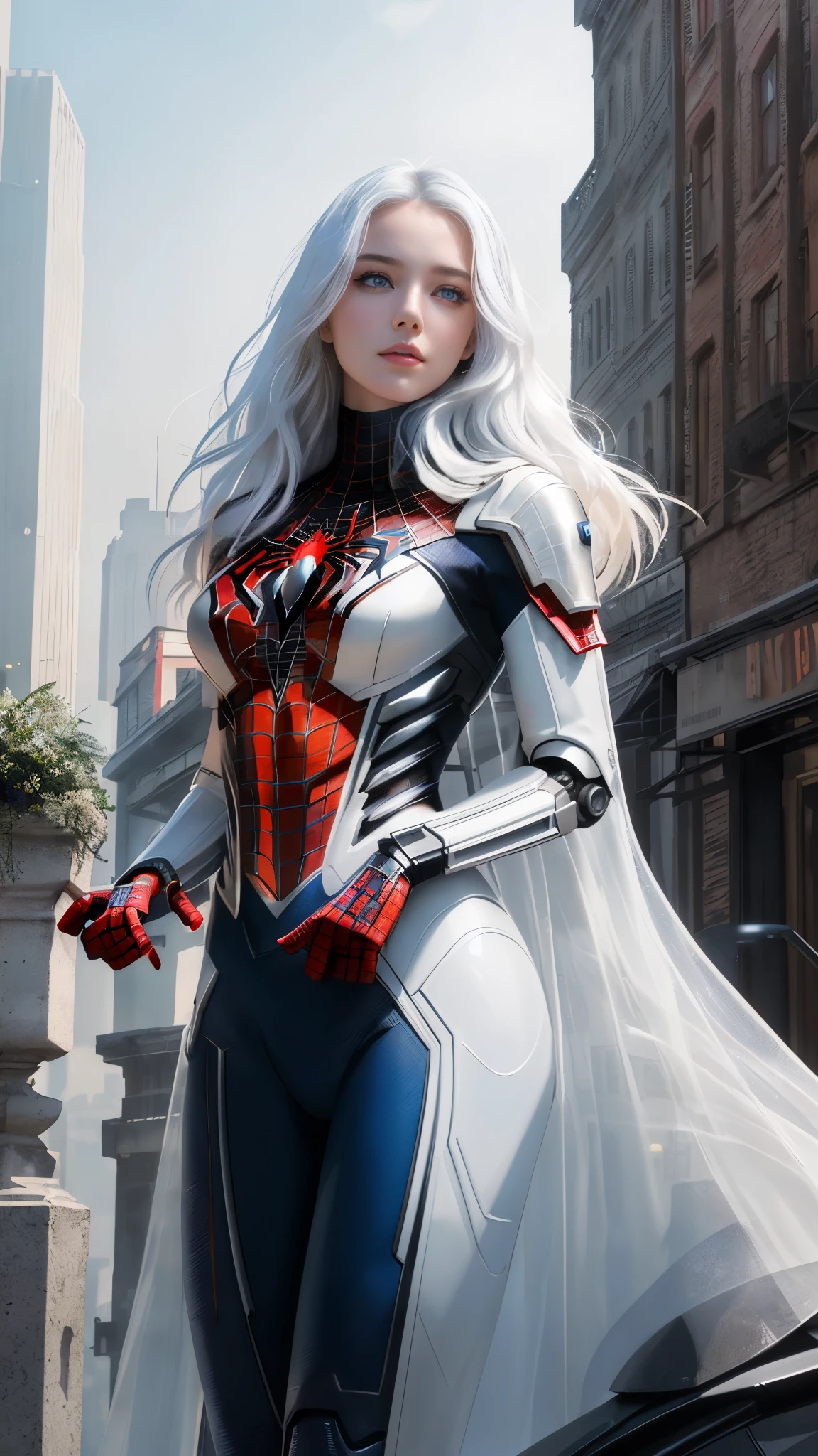 (1 girl:1.3), Alone, (((Very detailed face)))), ((Very detailed eyes and face.)))), beautifuls detalles ojos, body parts__, Official Art, unified 8k wallpaper, super detailed, beautiful and beautiful, beautiful, Masterpiece, Best Quality, Original, Masterpiece, super fine photo, Best Quality, super high resolution, realistic realism, sunlight, Full length portrait, extraordinary beauty, dynamic pose, delicate face, vibrant eyes, (FROM THE FRONT), He wears a Spider-Man suit., red and black color scheme, spider, fondo muy detallado del Ceiling de la ciudad, Ceiling, with city views, detailed face, detailed complex busy background, disordered, gorgeous, milky white, very detailed skin, realistic skin details, visible pores, clear focus, volumetric fog, 8k hd, DSLR, high quality, film grain, White skin, photographic realism, lomography, Futuristic dystopian megalopolis, translucent, eyes looking at the camera, Big , short hair,white hair ,full body,mecha,cyborg,robotic,long hair