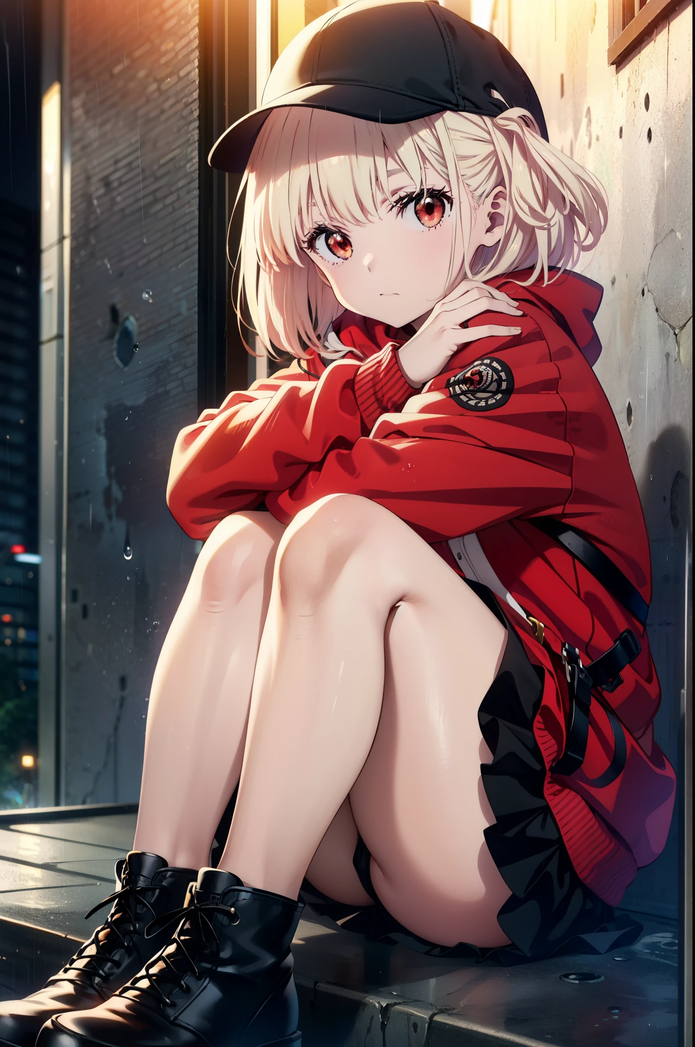 , Chisato Nishikigi, long, bangs, Blonde, (Red eyes:1.5), One side up, Baseball cap,Oversized red hoodie,mini skirt,Black knee socks,short boots,sitting leaning against the wall,rain,cloudy,Hide under the roof,whole bodyがイラストに入るように,
break outdoors, alley,
break looking at viewer, whole body,
break (masterpiece:1.2), Highest quality, High resolution, unity 8k wallpaper, (shape:0.8), (Beautiful attention to detail:1.6), extレムely detailed face, Perfect lighting, extレムely detailed CG, (Perfect hands, Perfect Anatomy),