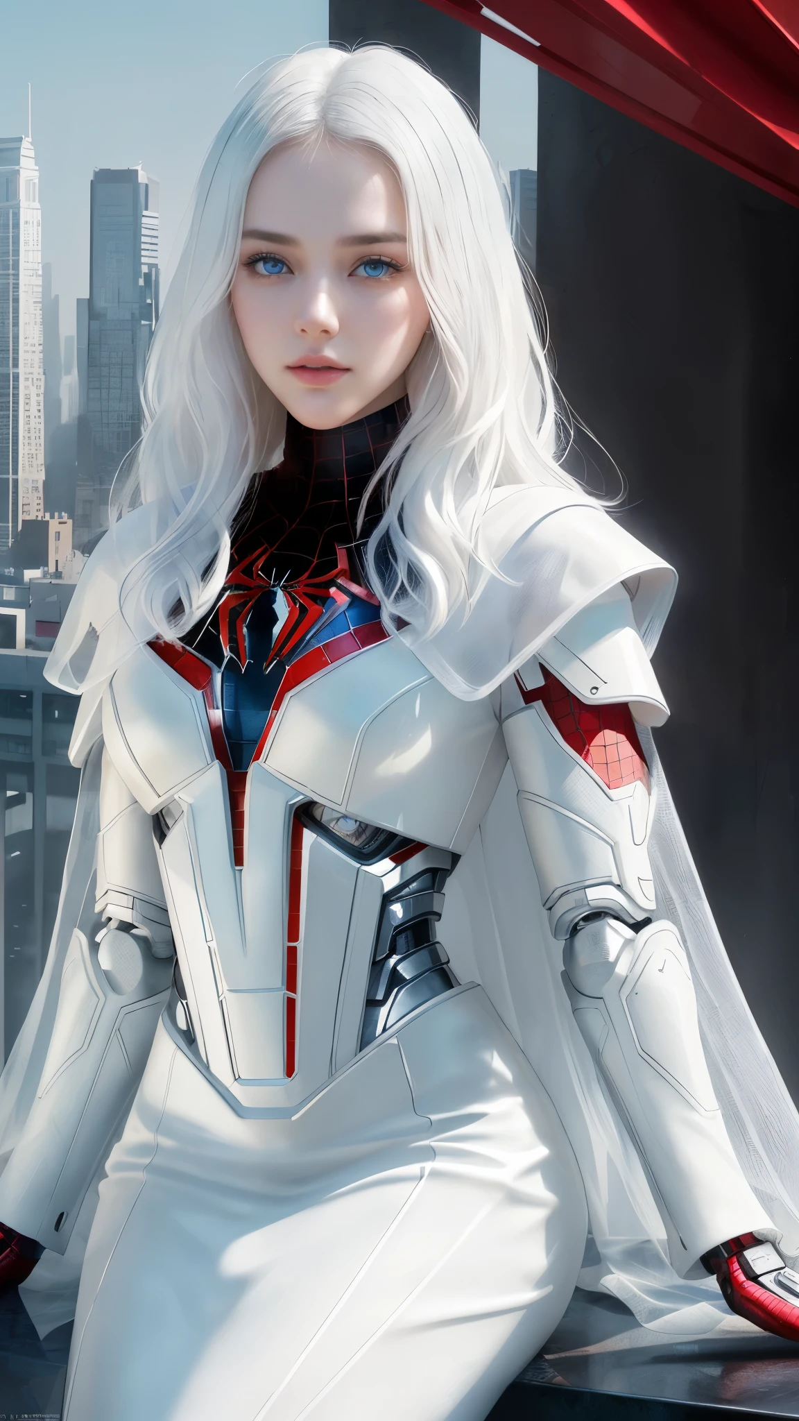 (1 girl:1.3), Alone, (((Very detailed face)))), ((Very detailed eyes and face.)))), beautifuls detalles ojos, body parts__, Official Art, unified 8k wallpaper, super detailed, beautiful and beautiful, beautiful, Masterpiece, Best Quality, Original, Masterpiece, super fine photo, Best Quality, super high resolution, realistic realism, sunlight, Full length portrait, extraordinary beauty, dynamic pose, delicate face, vibrant eyes, (FROM THE FRONT), He wears a Spider-Man suit., red and black color scheme, spider, fondo muy detallado del Ceiling de la ciudad, Ceiling, with city views, detailed face, detailed complex busy background, disordered, gorgeous, milky white, very detailed skin, realistic skin details, visible pores, clear focus, volumetric fog, 8k hd, DSLR, high quality, film grain, White skin, photographic realism, lomography, Futuristic dystopian megalopolis, translucent, eyes looking at the camera, Big , short hair,white hair ,full body,mecha,cyborg,robotic,long hair