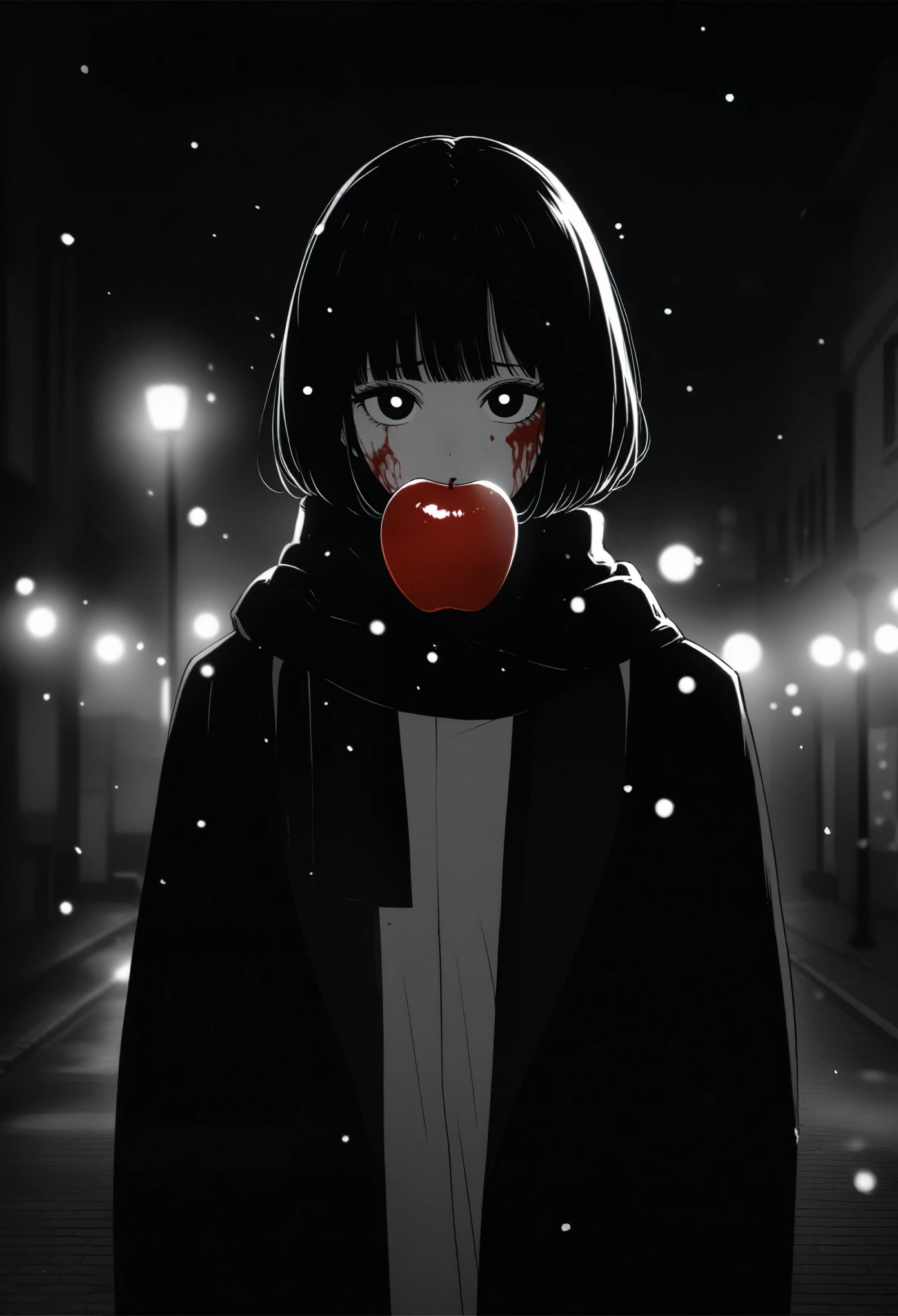 masterpiece, best quality, 1girl, momose_(oqo) official art, grayscale, manga style, japanese, chi no wadachi, black eyes, glowing white pupils, street, iced, black hair, schoolbag, lineart, looking at viewer, blood on face, black coat, black scarf, 35 years old, mature_female:1, tall, fair skinned, bokeh background, bob cut, light particles, centered, snowing, emotional anime scene, official wallpaper scenery:1.1, (very aesthetic, best quality, ultra detailed), intricate details, red and blue lights flashing, cool, soleless, emotionless, tired, taking a bite out of a shiny red apple, eating apple, holding apple to lips, holding, street lamp, surrounded by darkness, stars in the sky, biting, full shot
