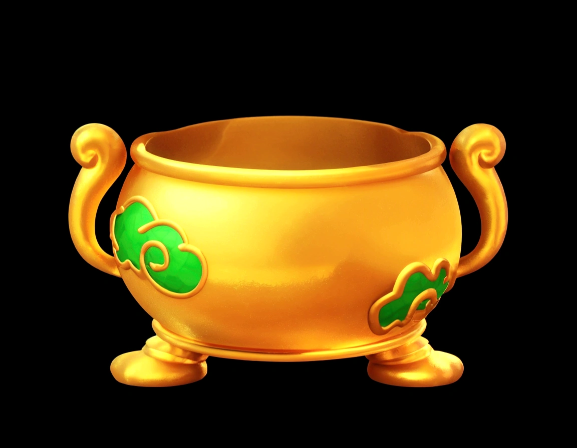  Golden Pot Game Assets, 3d,Strong texture，metallic feel，Golden，3d，HD，8K