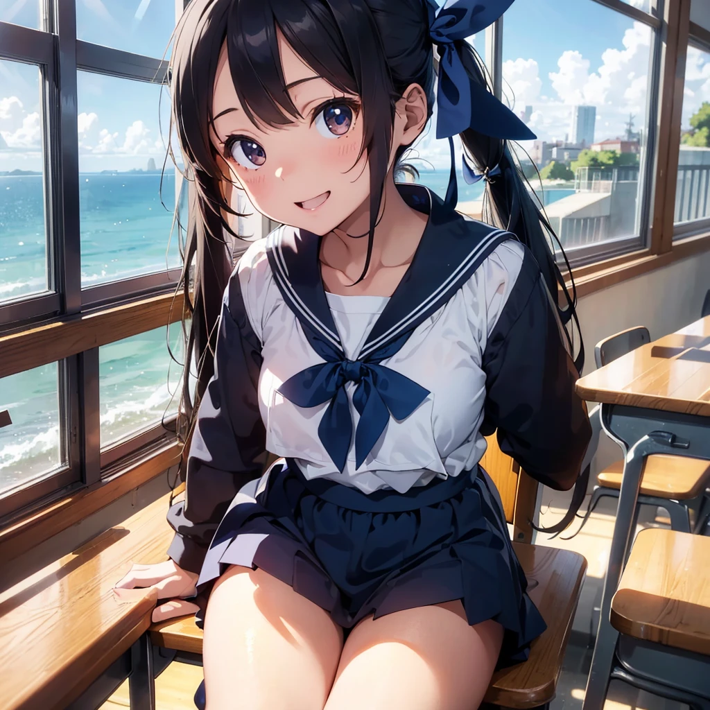 Highest quality, Very detailed, masterpiece, One Girl, Sitting in a chair Smiling, Open Mouth, 15yo, (low twintails:1.2), Low Pigtails, Black Hair, Long Hair, (Navy blue sailor suit with blue ribbon:1.4), Long sleeve, School desk, School Chair, classroom, from the front, Close up on face, First-person view, alone, window, distant cityscape, Heights, Sea in the back, 16 o'clock, Orange sky, anime,