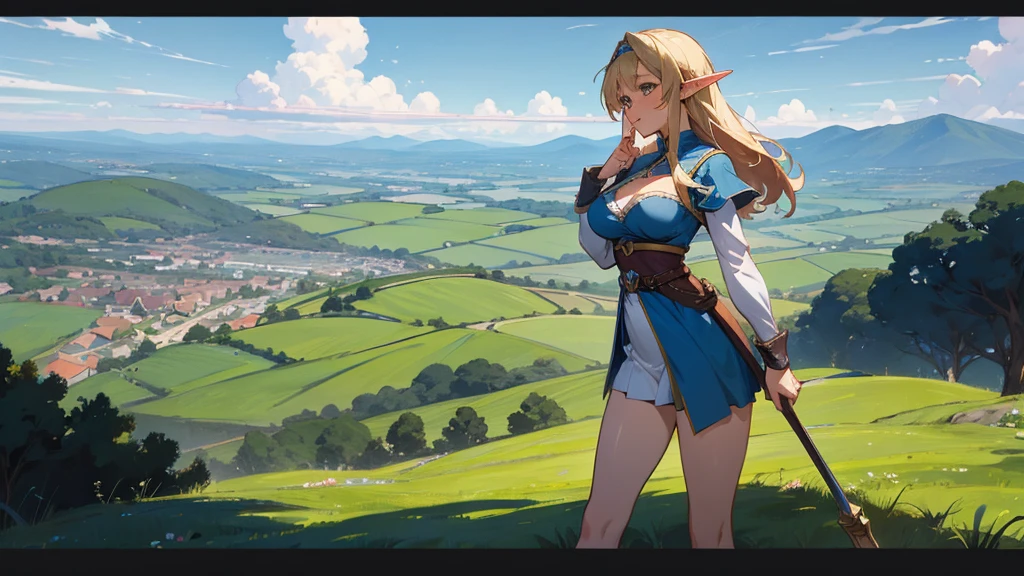 Anime Style,Nostalgic,Detailed background,The medieval world,Distant view from the top of the hill,Beautiful sky,Beautiful Elf Bard,Large Breasts,Healthy thighs