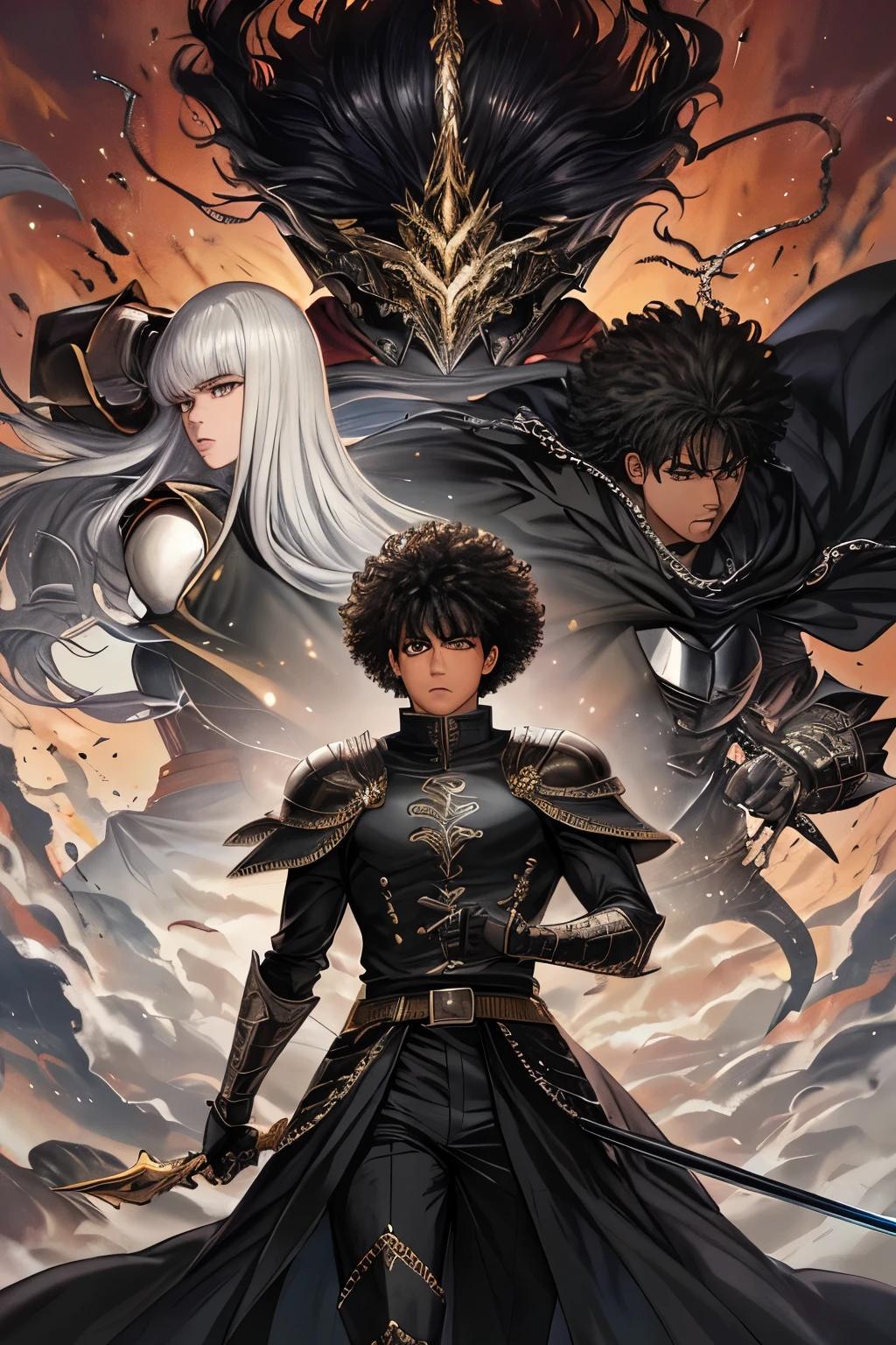 masterpiece, top quality, high resolution, anime-inspired: 1.3,
Detailed replica of Griffith's mask from "Berserk", with a small afro,
Wearing a large black cape simulating a tuxedo,
Holds the iconic Dragon Slayer, a massive black sword similar to Guts',
Griffith's Mask: 1.2, Large black cape and tuxedo, Dragon Slayer Sword: 1.0,
Sword Fighting Pose: 1.0, Looking away: 1.0,
Asian Teenagermall Afro: