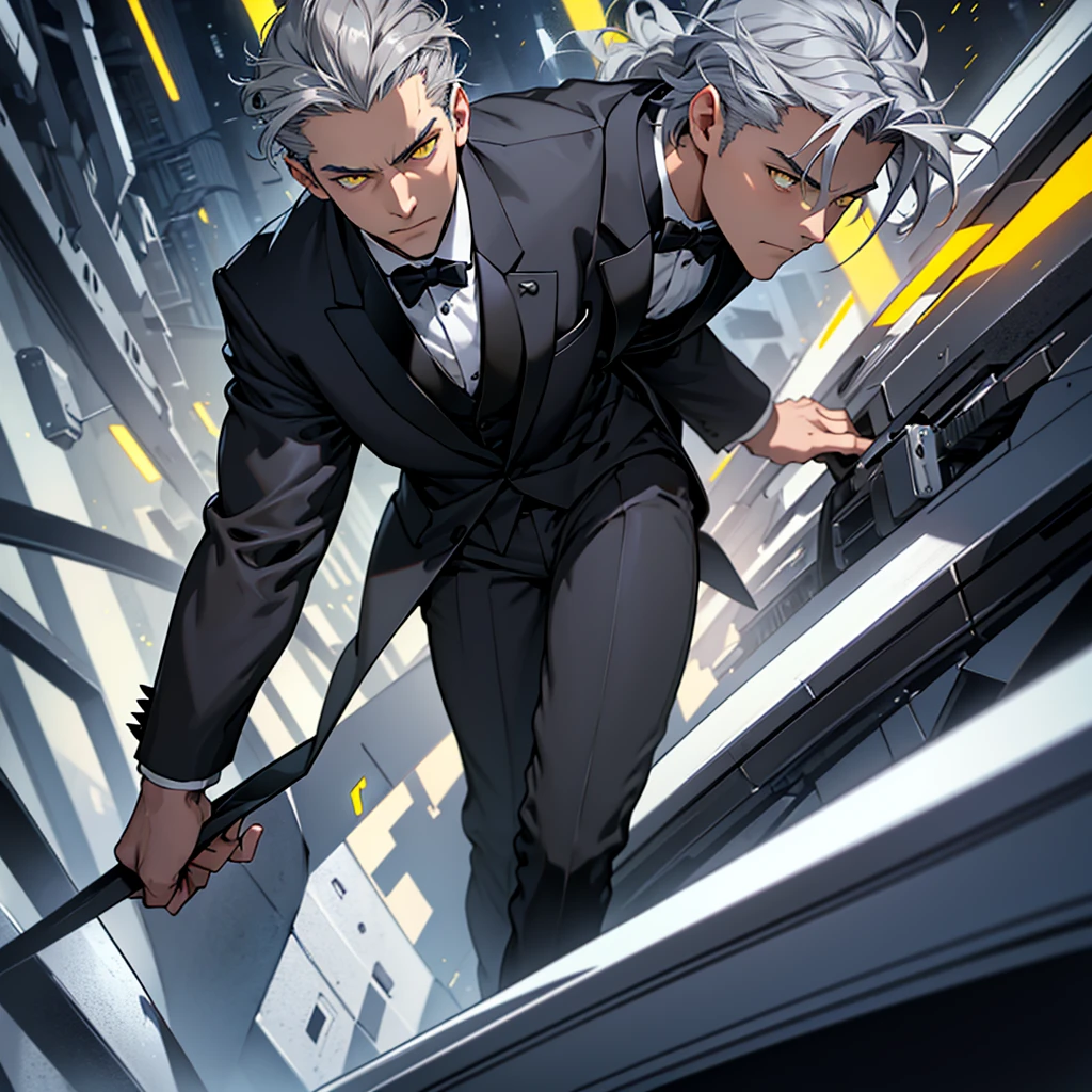 A  boy, weak body, fragile body, no muscles, long gray hair, gray hair, big hair, yellow eyes, suit, wearing a black suit, tuxedo, wearing a tuxedo, Ultra HD 4k, 4k, Ultra HD