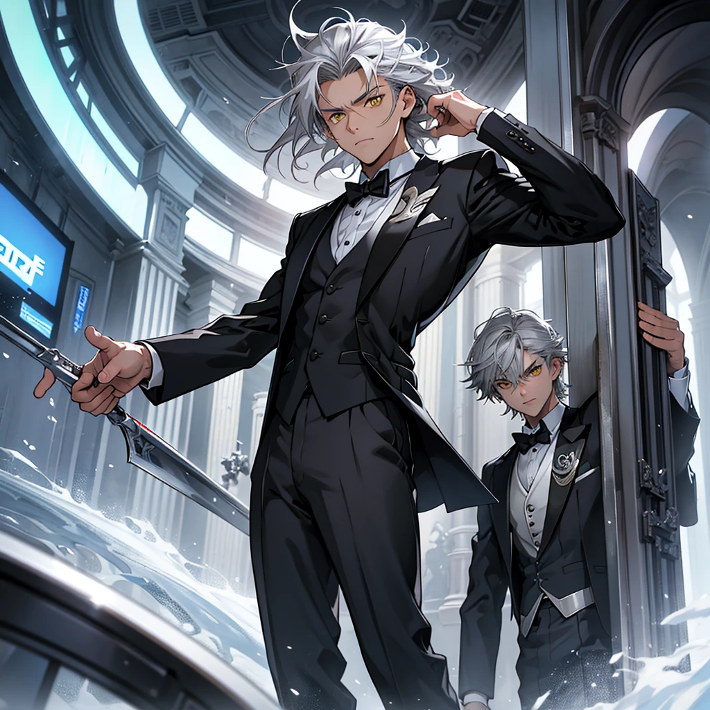 A 15 year old boy, weak body, fragile body, no muscles, long gray hair, gray hair, big hair, yellow eyes, suit, wearing a black suit, tuxedo, wearing a tuxedo, Ultra HD 4k, 4k, Ultra HD