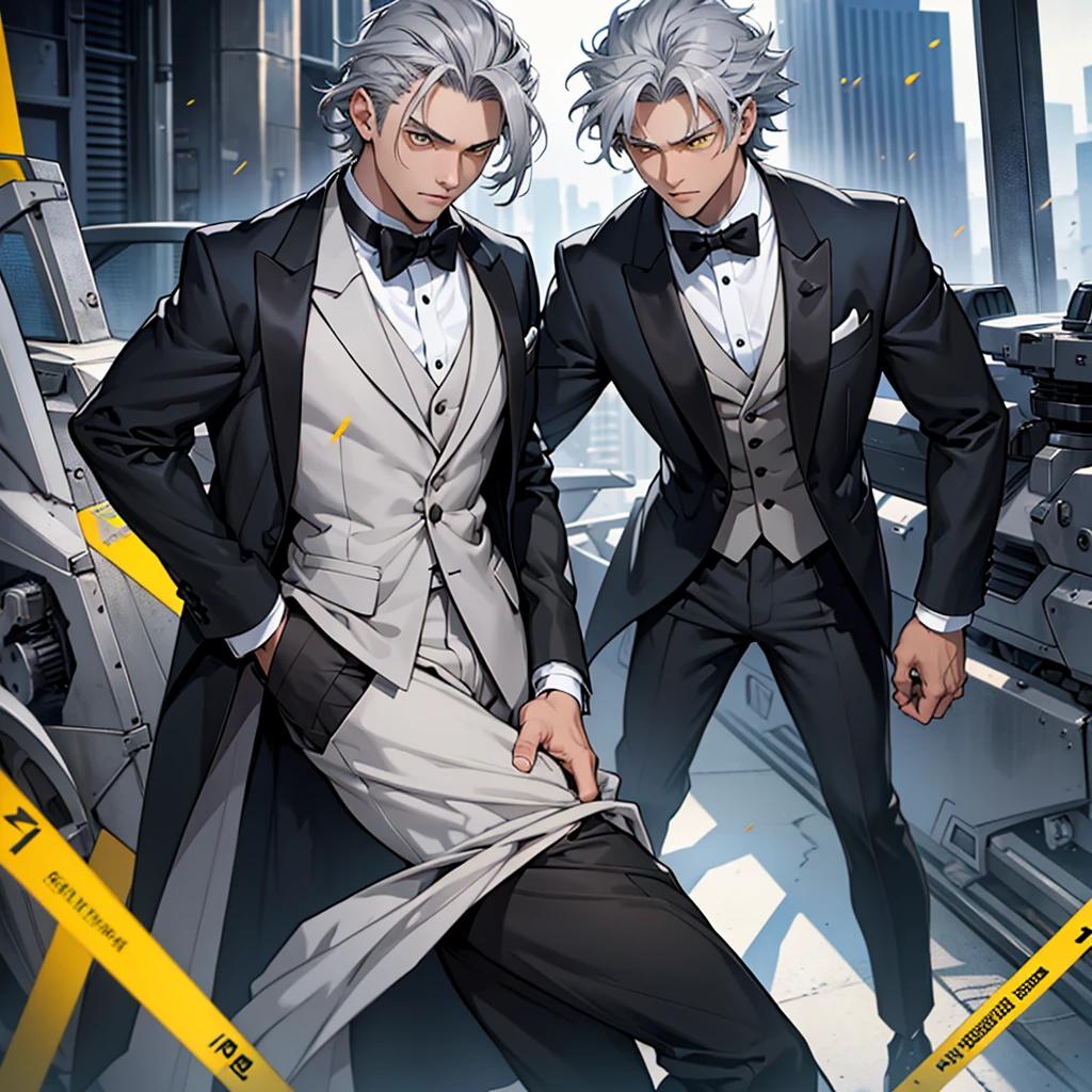 A 15 year old boy, weak body, fragile body, no muscles, long gray hair, gray hair, big hair, yellow eyes, suit, wearing a black suit, tuxedo, wearing a tuxedo, Ultra HD 4k, 4k, Ultra HD