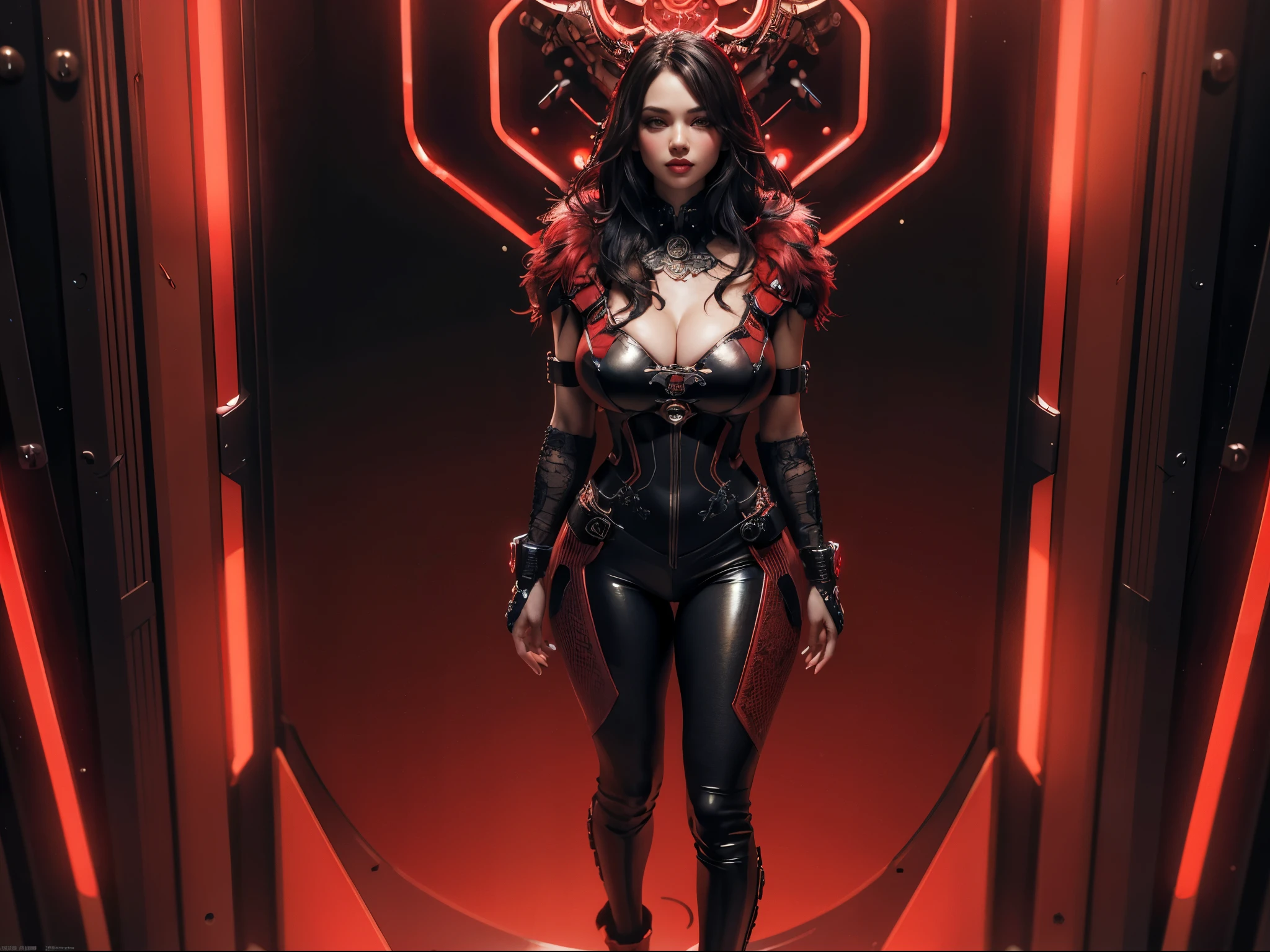 1girl, wide shot, (full body:1.2), fashionable, stylish clothing, detailed face, looking at viewer, shoulder, fur clothing, cleavage, editorial photography, realistic, realism, detailed intricate futuristic badge, detailed metal texture, intricate ornate filigree, crytal glass, bright led lighting, emblem, ultra hd, 4k, 8k, (red theme:1.4), gigantic breasts,