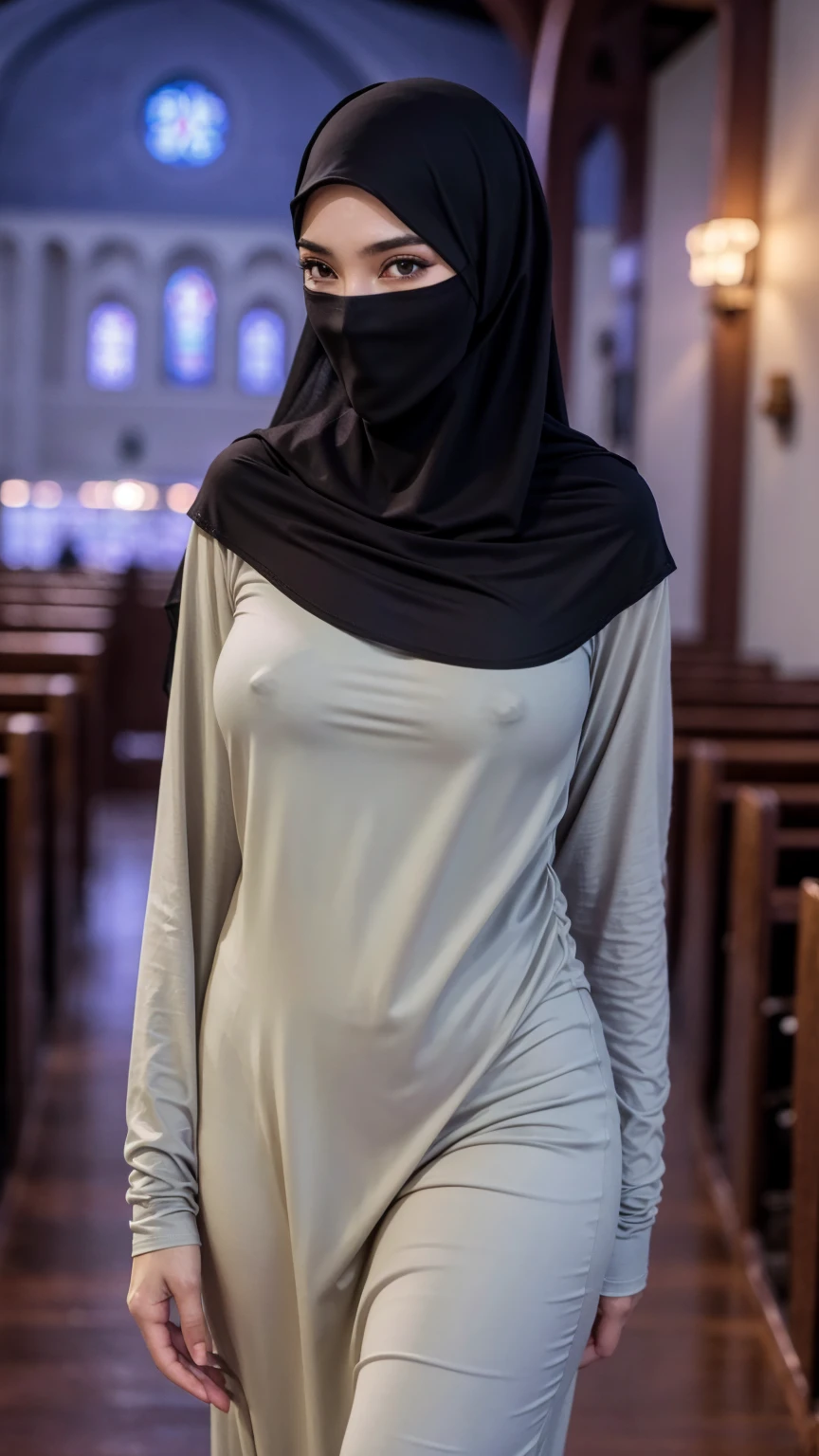 hd,high quality,4k,hyper realistic,masterpiece,((medium boobs)),((PANTIES)),((tshirt:1.2)),((church)),low lighting,(()),((night time)),((standing)),detail,hijab,niqab,face cover niqab,purdah