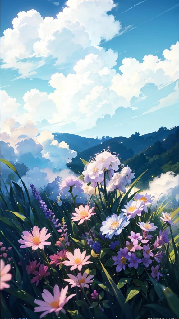 summer, Grass, Some small flowers, Big Cloud, Blue sky, Hot weather, High-resolution details, Wet watermark, Ultra Detail, Movie, Surrealism, Soft Light, Deep field focus bokeh, Ray Tracing, and Surrealism. --v6