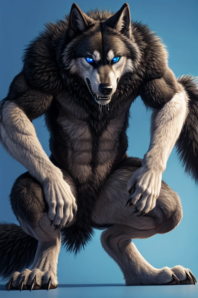 Perspective from below black wolf naked male furry legs apart looking down blue background squat pose blue eyes serious look claws on knees fluffy tail scars growling salivating
