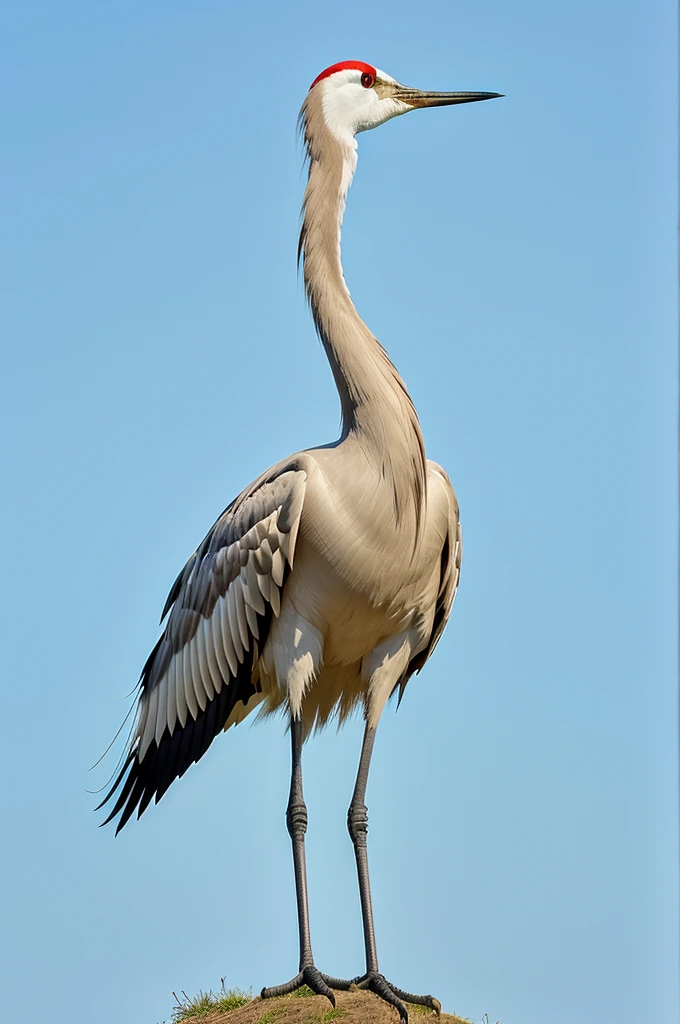 Close-up of a wise and brave-looking crane named Nayak, standing tall and vigilant