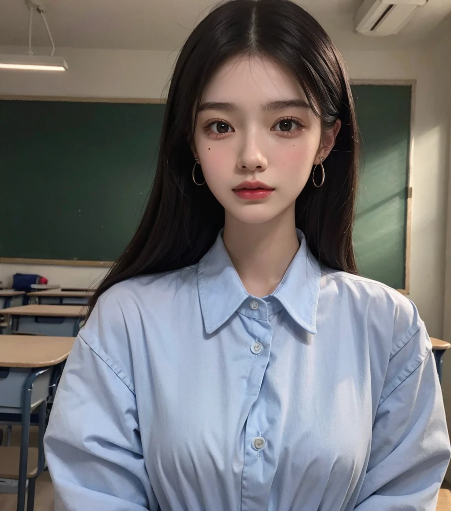 absurdres, RAW photo, extremely delicate and beautiful, masterpiece, Best Quality, ultra high resolution, 32k, hyperrealistic, ultra-detailed, in her 20s, very Slim body, narrow waist, very small head, very small face, delicate facial features, tearful mole, earring, very huge round breasts, ((full body shot)), medium hair, black hair, ((school_uniform)), ((classroom)),