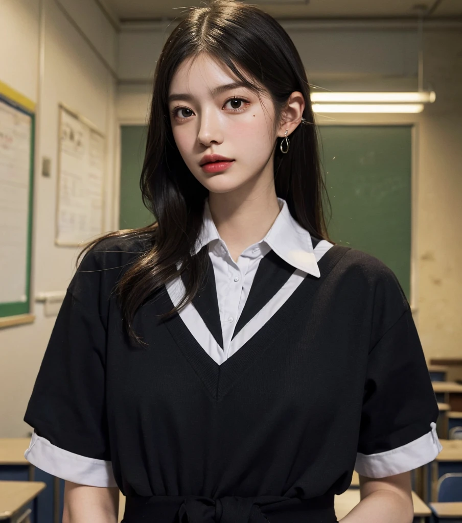 absurdres, RAW photo, extremely delicate and beautiful, masterpiece, Best Quality, ultra high resolution, 32k, hyperrealistic, ultra-detailed, in her 20s, very Slim body, narrow waist, very small head, very small face, delicate facial features, tearful mole, earring, very huge round breasts, ((full body shot)), medium hair, black hair, ((school_uniform)), ((classroom)),