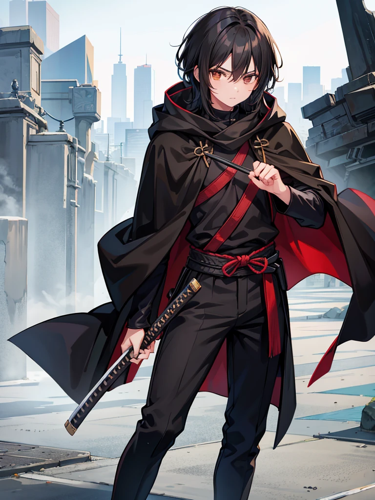 teenage boy, medium length black hair, brown eyes, black cloak, holding katana