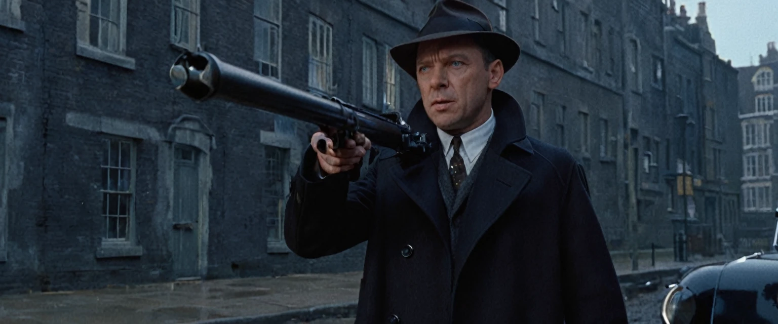 score_9, score_8_up, score_7_up, source_photo, photography, realistic, , detailed, cinematic angle, rating from side, safe, Wide shot, 1boy, 45years old, Eliot Ness in Black Trench Coat is holding a submachine gun to viewer, masterpiece, 8k,