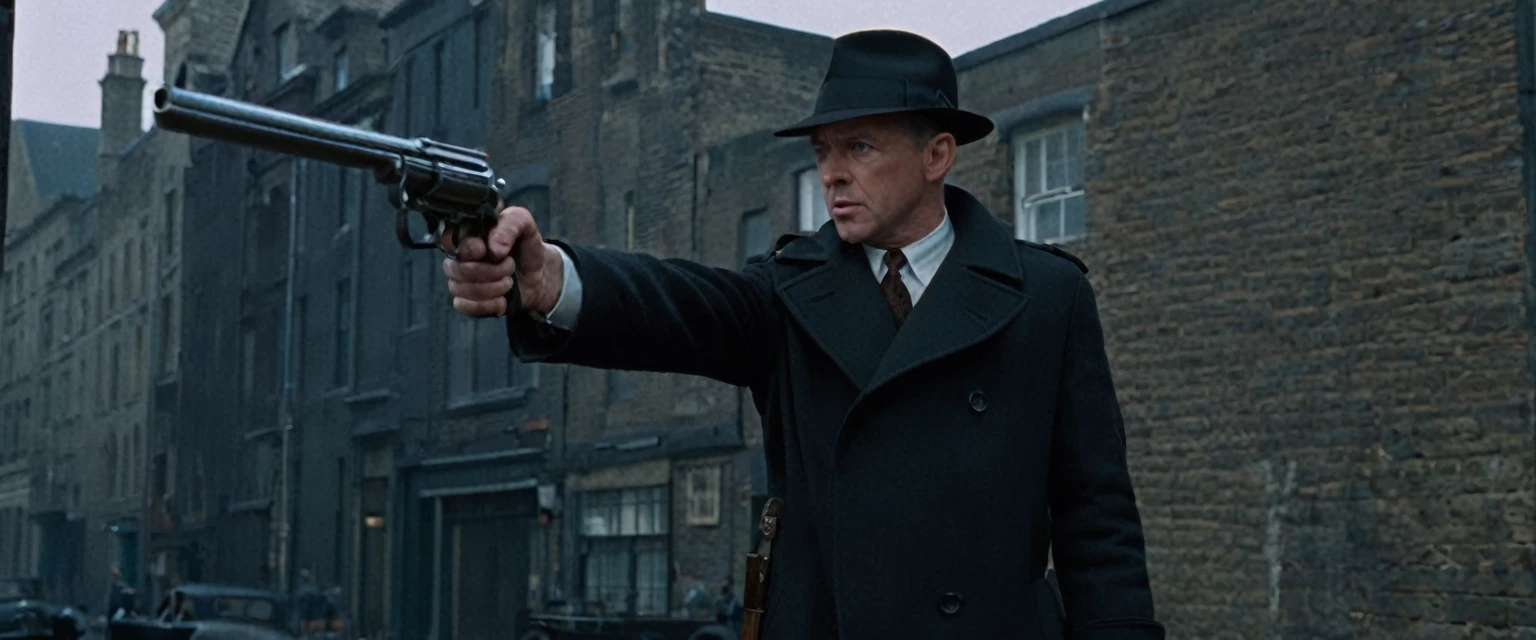 score_9, score_8_up, score_7_up, source_photo, photography, realistic, , detailed, cinematic angle, rating from side, safe, Wide shot, 1boy, 45years old, Eliot Ness in Black Trench Coat is holding a submachine gun to viewer, masterpiece, 8k,