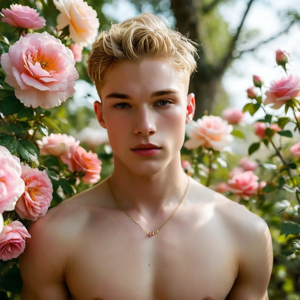 Behold a fashion editorial photo shoot featuring a photogenic and charming 26 year old male supermodel, mixed of Reece Anthony King and Lucky Blue smith, a symmetric young face adorned with natural blemishes and freckles:0.15, he boasts buzz-cut hair, and a natural pale skin tone that embodies youthfulness and athleticism, skinny and lean body, pretty cute, Exuding a unique sexy allure with his exotic look, in a David Austin Rose gardens adorned with wild colorful roses flowers, white shirt, ((wearing white Jockstrap with thick cock line)), bulge focus, the focus subtly directed towards it. stand over the camera perspective, interesting dynamic view from below, amazing composition, HDR, volumetric lighting, ultra quality, elegant, highly detailed, masterpiece, best quality, high resolution, Against the backdrop of vibrant greenery, he is captured in a full-body pose, emphasizing his captivating presence and the intricate details of the surroundings. The photograph is taken with a Canon EOS R6 camera using an 85mm f/1.8 lens at an f/2.2 aperture, utilizing natural light. Employing three-point lighting and incorporating 3D animation shadows enhances his features and adds depth to the composition. The careful layering and arrangement of his body parts and surrounding objects ensure a flawless composition. This masterpiece celebrates the beauty of the male form and invites viewers to immerse themselves in a world of sophistication and charm. The seductive lighting and intricate details, combined with a dramatic composition, invite viewers to revel in the essence of a fun-filled day, brimming with joy and relaxation. Attention is meticulously paid to the layers and arrangement of his body parts and surrounding objects, ensuring correct body structure and photo distance. The romantic atmosphere, paired with a lively and extremely gorgeous background, enhances the overall allure of this exquisite image, Pat Austin Rose, Capri Rose,