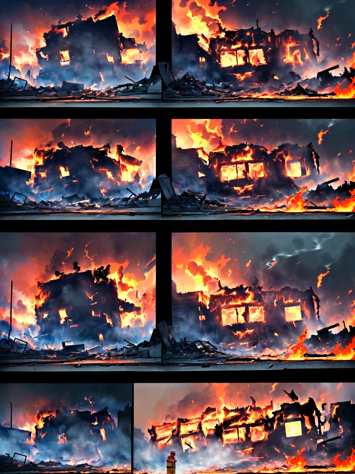 ((A  sitting in the street feeling cold crying, teary hinged eyes, sadness cute face 🥺 )), the background of ((a burnt flat ruined and an ambulance, p((olice people turning to extinguish the fire with water buckets, night, police lights, smoke outside the destroyed house, flames))