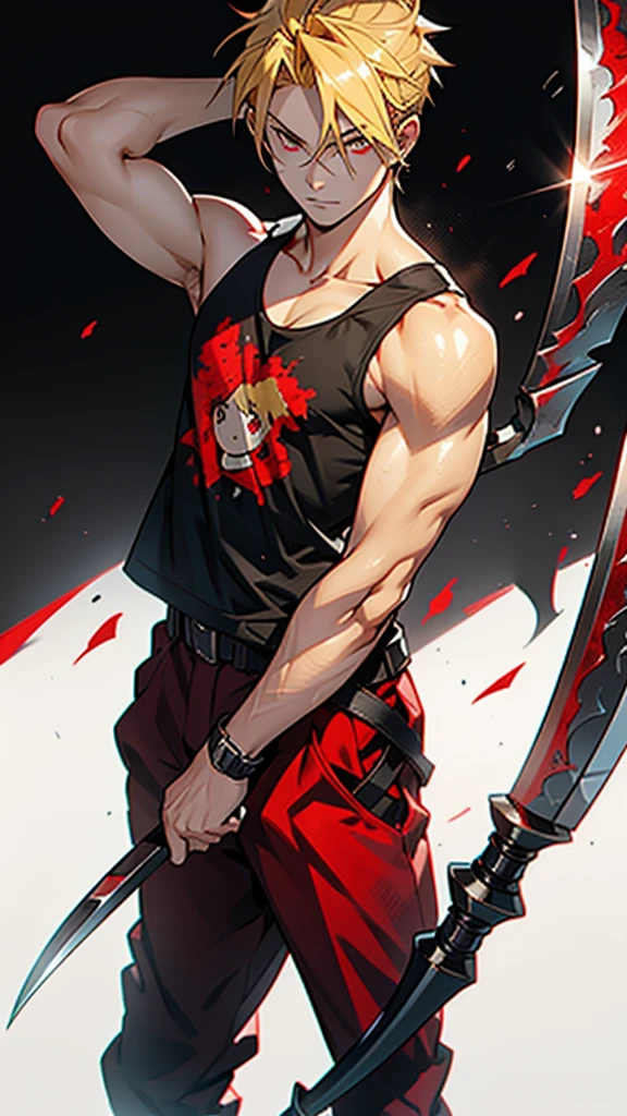 A 16 year old, he has blonde hair, and vibrant red eyes, he wears an old red shirt, and a black tank top, and carries a scythe as a weapon 