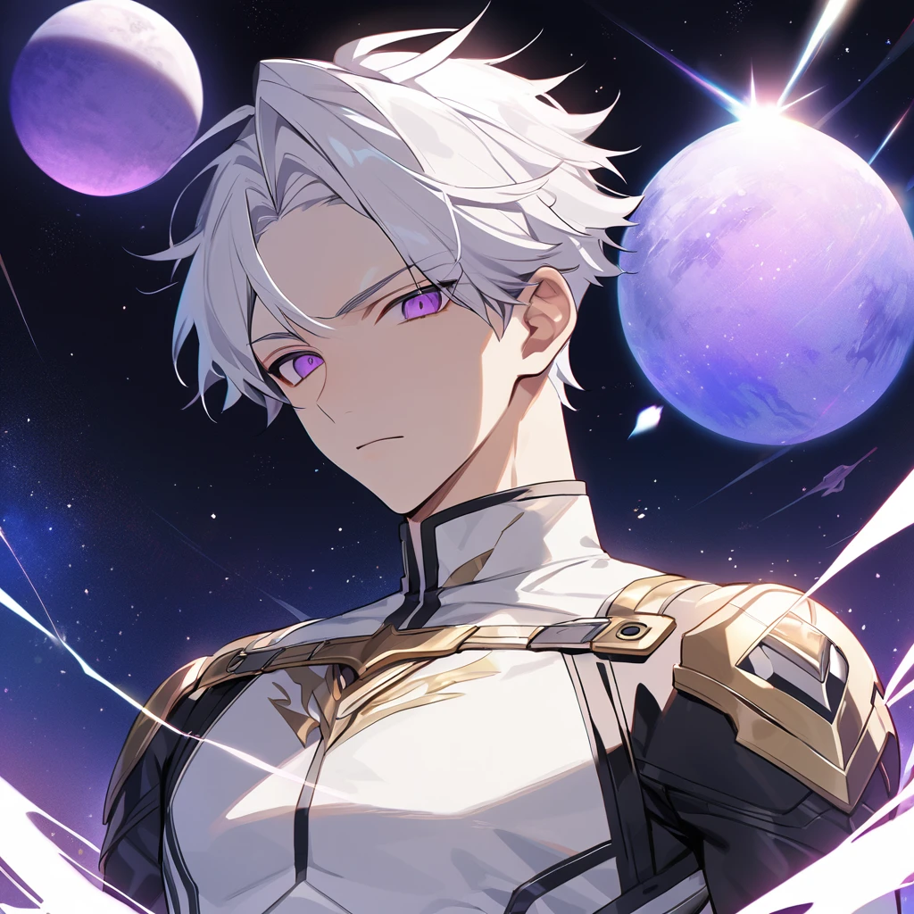 High quality, HD, 4k, no shadows, handsome male, 1male, 17 years old, teenager, golden lining, short white hair, sharp eyes, dark purple eyes, deep purple eyes, devil may cry, close up, calm expression, stoic expression, black leather clothes, white leather clothing, lean body, well trained body, upper body, looking at viewer, cowboy shot, white solar, space background