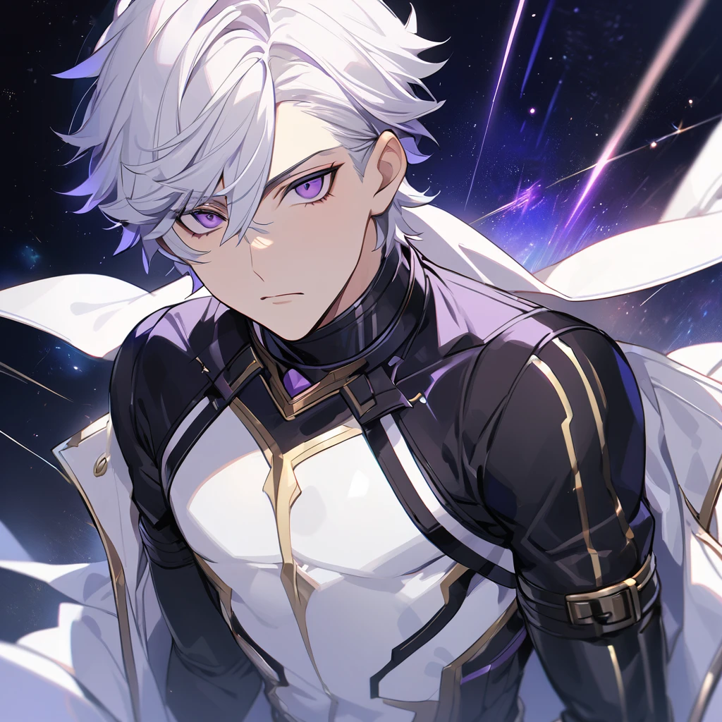 High quality, HD, 4k, no shadows, handsome male, 1male, 17 years old, teenager, golden lining, short white hair, sharp eyes, dark purple eyes, deep purple eyes, devil may cry, close up, calm expression, stoic expression, black leather clothes, white leather clothing, lean body, well trained body, upper body, looking at viewer, cowboy shot, white solar, space background