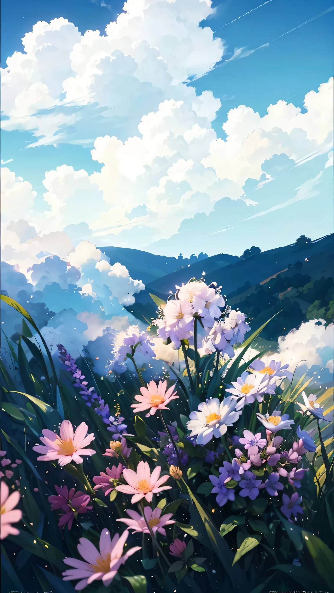 summer, Grass, Some small flowers, Big Cloud, Blue sky, Hot weather, High-resolution details, Wet watermark, Ultra Detail, Movie, Surrealism, Soft Light, Deep field focus bokeh, Ray Tracing, and Surrealism. --v6