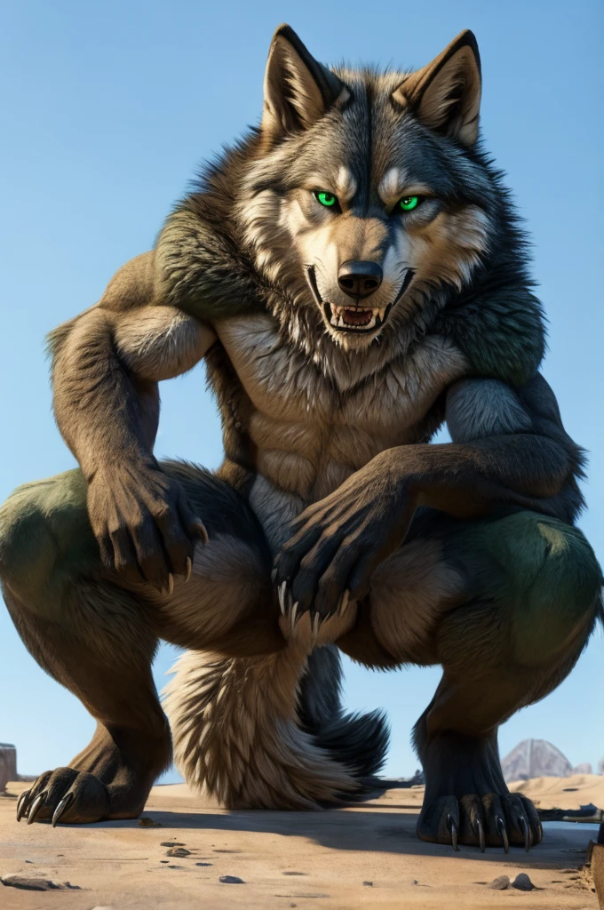 Perspective from below wolf naked male furry legs apart looking down blue background squat pose green eyes serious look claws on knees fluffy tail scars growling salivating