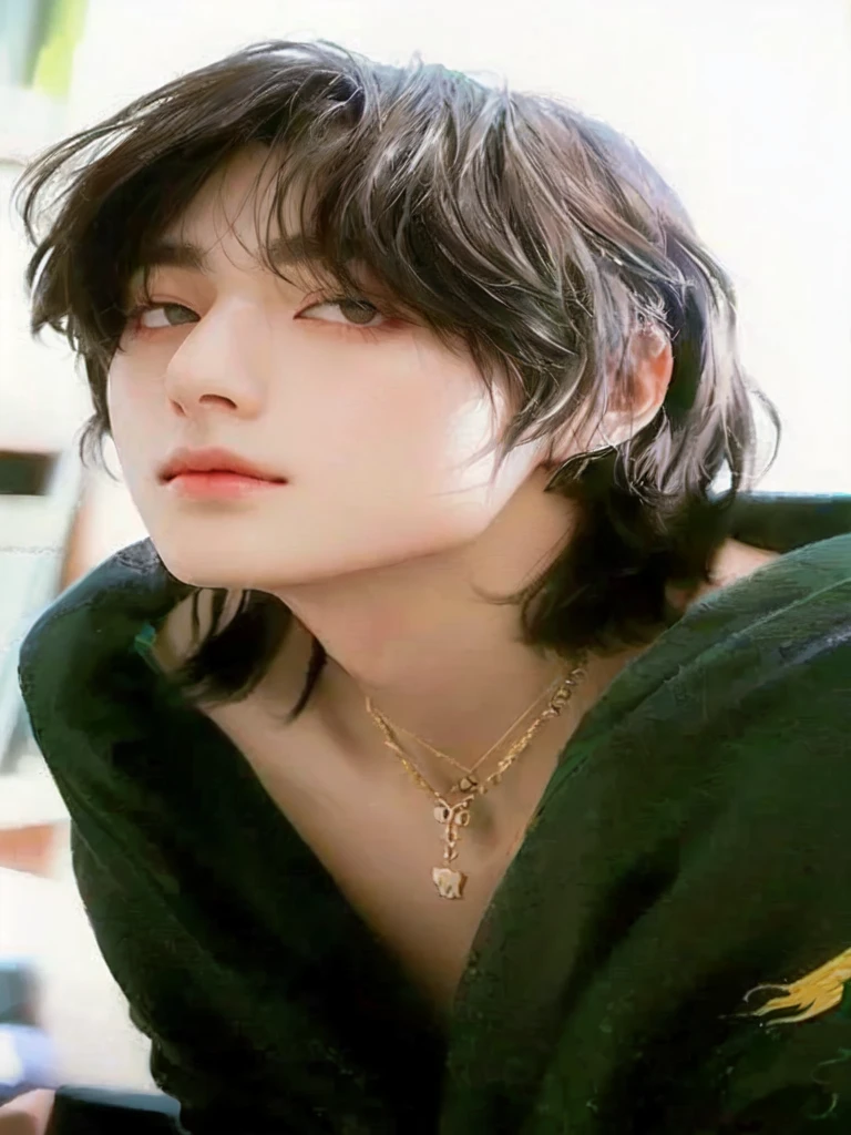 a close up of a person wearing a green robe and a necklace, jung jaehyun, jinyoung shin, sui ishida with black hair, cai xukun, inspired by Zhang Han, male ulzzang, hyung tae, young wan angel, steven jung, hong june hyung, with short hair, wan adorable korean face, kpop boy, Korean face, Kim taehyung bts, bts, Kim taehyung, Korean male face