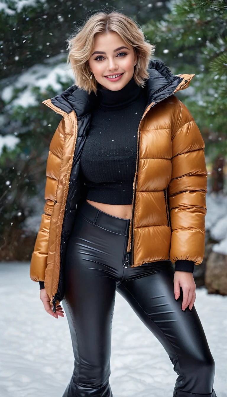 ultrarealistic high quality full body photo of a beautiful busty slim european 25-year-old woman with cute hyperdetailed shy face and natural blonde short hair and shy smile , realistic round hazel eyes, natural lips, dark eye makeup with eyeliner, wearing shiny cropped puffer jacket and latex flare pants, hourglass body, outdoor photography, heavy snow falling