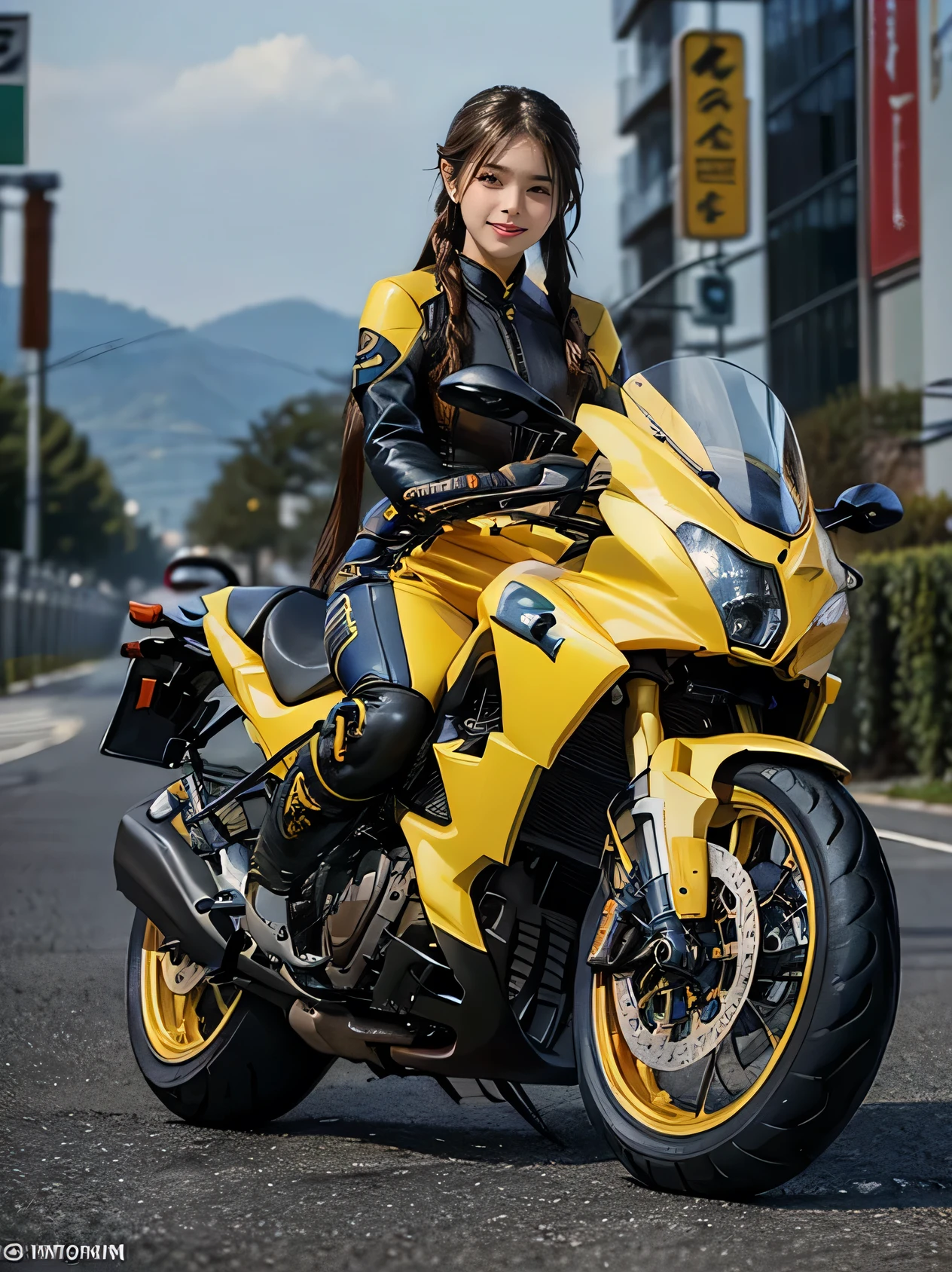 (Realistic:1.5), (Realistic:1.4), 8K, Ultra-high-definition beauty 1 person, 16 years old, Japanese, Exquisite body detailing, (Highest quality: 1.0), (Ultra Sharpness: 1.0), (Thin Hair:1.4),(Beautiful and delicate depiction of eyes),((((Riding on motorcycle)))),Unreal Engine:1.4,photoRealistic:1.4, Skin Texture:1.4, masterpiece:1.8,Highest quality at best, ((Full Body Shot))、(((yellow rider suit, Long leather pants and racing boots)))、Long limbs、smile、((Braided hair))