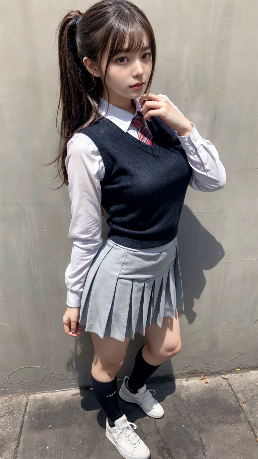 muste piece, best quality, illustration, Super detailed, fine details, High resolution, 8K,wall paper, perfect dynamic composition,(Details High quality, realistic depiction of eyes:1.3),  facial features, has an extremely sexy body, with full breasts and a thin waist, and an extremely sexy body, skirt, socks, sneakers, shoes, white footwear, black socks, pleated skirt, kneehighs, white shirt, blue necktie, long sleeves, vest, collared shirt, ,has a bold look., ponytail, Long hair, black hair color, Big Natural Color Lip, perfect body shape,  sexy pose, crying a little、Harajuku style、20 year old girl、cute type、lolita, hposing Gravure Idol, full body photo、focus on crotch, huge breasts, (standing)