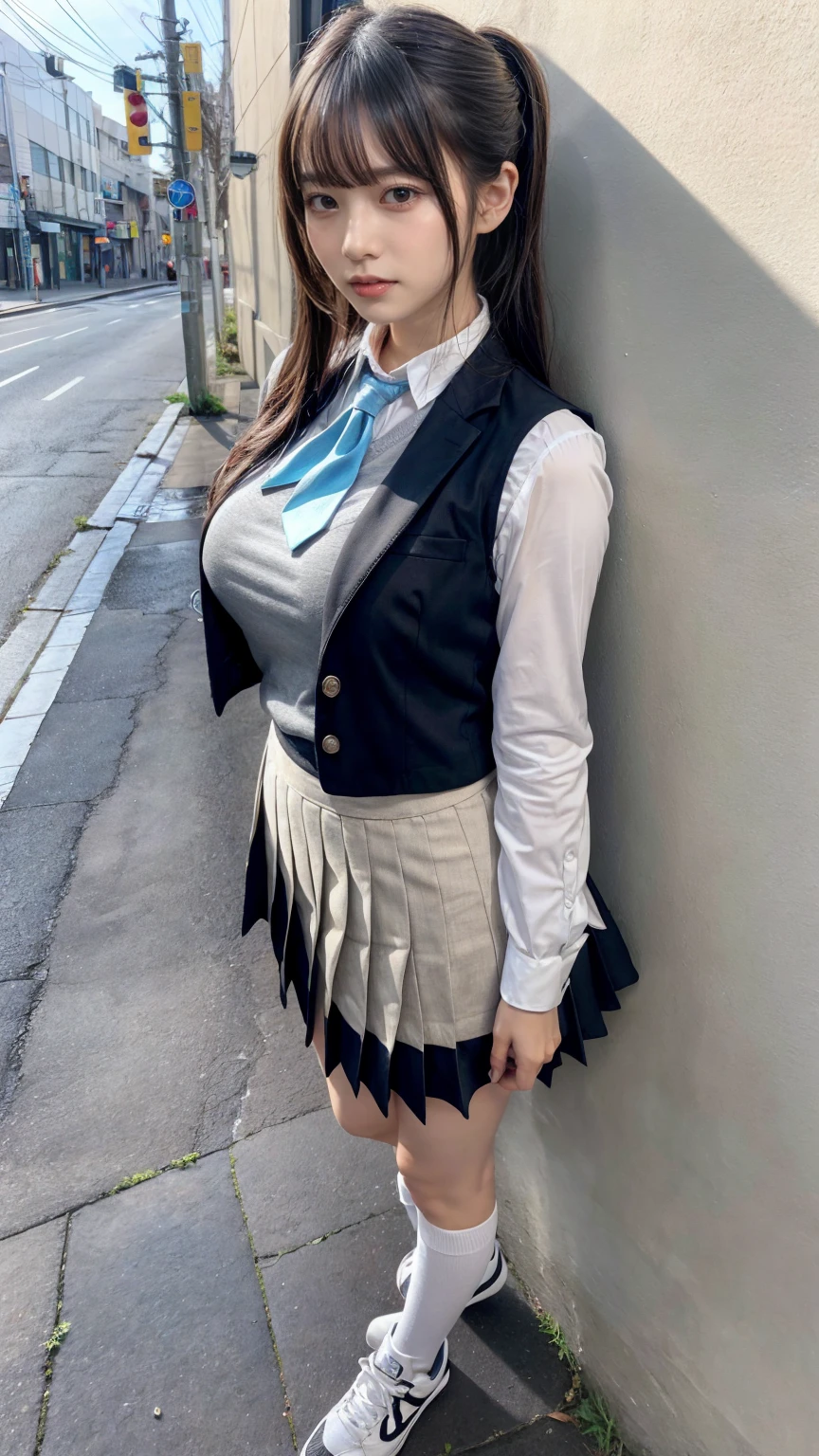muste piece, best quality, illustration, Super detailed, fine details, High resolution, 8K,wall paper, perfect dynamic composition,(Details High quality, realistic depiction of eyes:1.3), facial features, has an extremely sexy body, with full breasts and a thin waist, and an extremely sexy body, skirt, socks, sneakers, shoes, white footwear, black socks, pleated skirt, kneehighs, white shirt, blue necktie, long sleeves, vest, collared shirt, ,has a bold look., ponytail, Long hair, black hair color, Big Natural Color Lip, perfect body shape, sexy pose, crying a little、Harajuku style、20 year old girl、cute type、ta, hposing Gravure Idol, full body photo、focus on crotch, huge breasts, (standing)