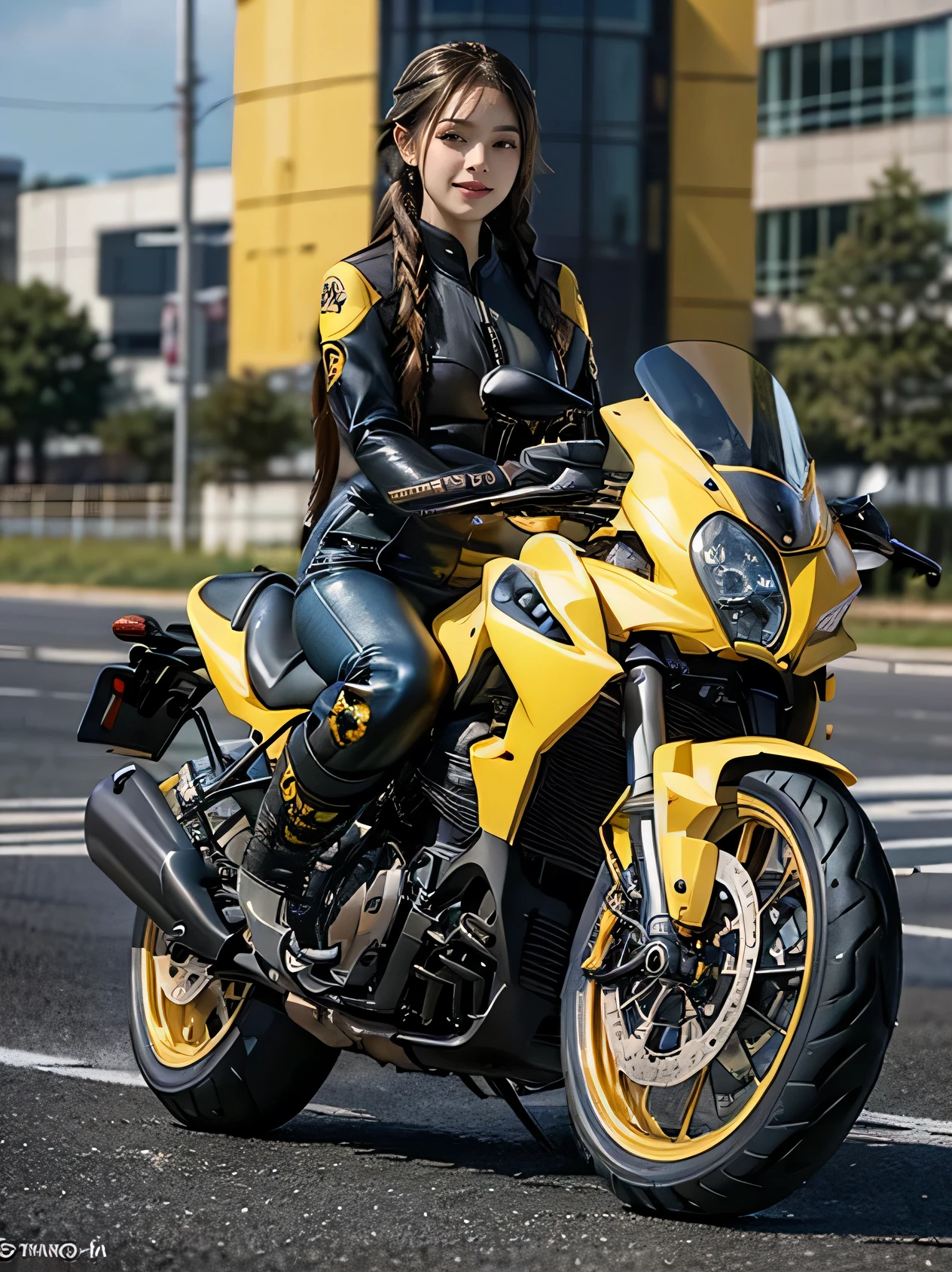(Realistic:1.5), (Realistic:1.4), 8K, Ultra-high-definition beauty 1 person, , Japanese, Exquisite body detailing, (Highest quality: 1.0), (Ultra Sharpness: 1.0), (Thin Hair:1.4),(Beautiful and delicate depiction of eyes),((((Riding on motorcycle)))),Unreal Engine:1.4,photoRealistic:1.4, Skin Texture:1.4, masterpiece:1.8,Highest quality at best, ((Full Body Shot))、(((yellow rider suit, Long leather pants and racing boots)))、Long limbs、smile、((Braided hair))