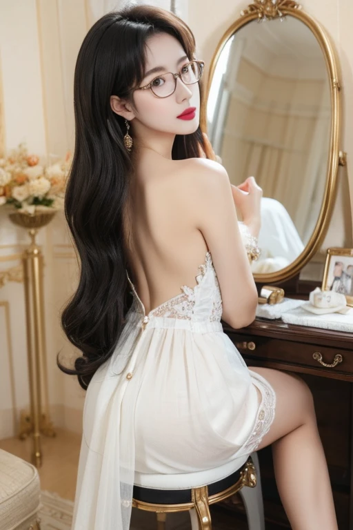 Highest quality、masterpiece、High sensitivity、High resolution、Detailed Description、One Woman、Slim Body、Glasses、To the dressing table、put on lipstick、From the back
