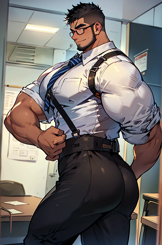 4k, masterpiece, high resolution:1.2, 1 man, solo, bara, muscular, big physique, crew cut hair, facial hair, chest, wide shoulder, biceps, thighs, triceps, butt cheeks, black hair, cute smile, friendly, standing in an office, wearing tight formal trousers, wearing tight formal stripes pattern office shirt, wearing glasses, upstairs office in the background, ultra detailed, shredded muscle, flat style (((wearing harness))) (((view from the side, thick huge ass)))