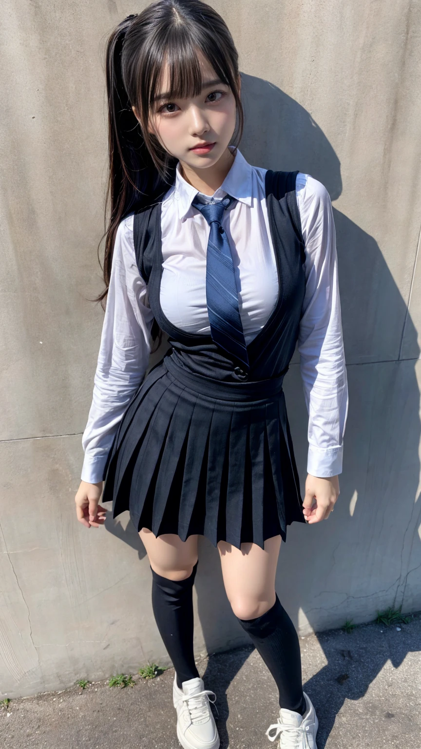 muste piece, best quality, illustration, Super detailed, fine details, High resolution, 8K,wall paper, perfect dynamic composition,(Details High quality, realistic depiction of eyes:1.3), facial features, has an extremely sexy body, with full breasts and a thin waist, and an extremely sexy body, skirt, socks, sneakers, shoes, white footwear, black socks, pleated skirt, kneehighs, white shirt, blue necktie, long sleeves, vest, collared shirt, ,has a bold look., ponytail, Long hair, black hair color, Big Natural Color Lip, perfect body shape, sexy pose, crying a little、Harajuku style、20 year old girl、cute type、ta, hposing Gravure Idol, full body photo、focus on crotch, huge breasts, (standing)