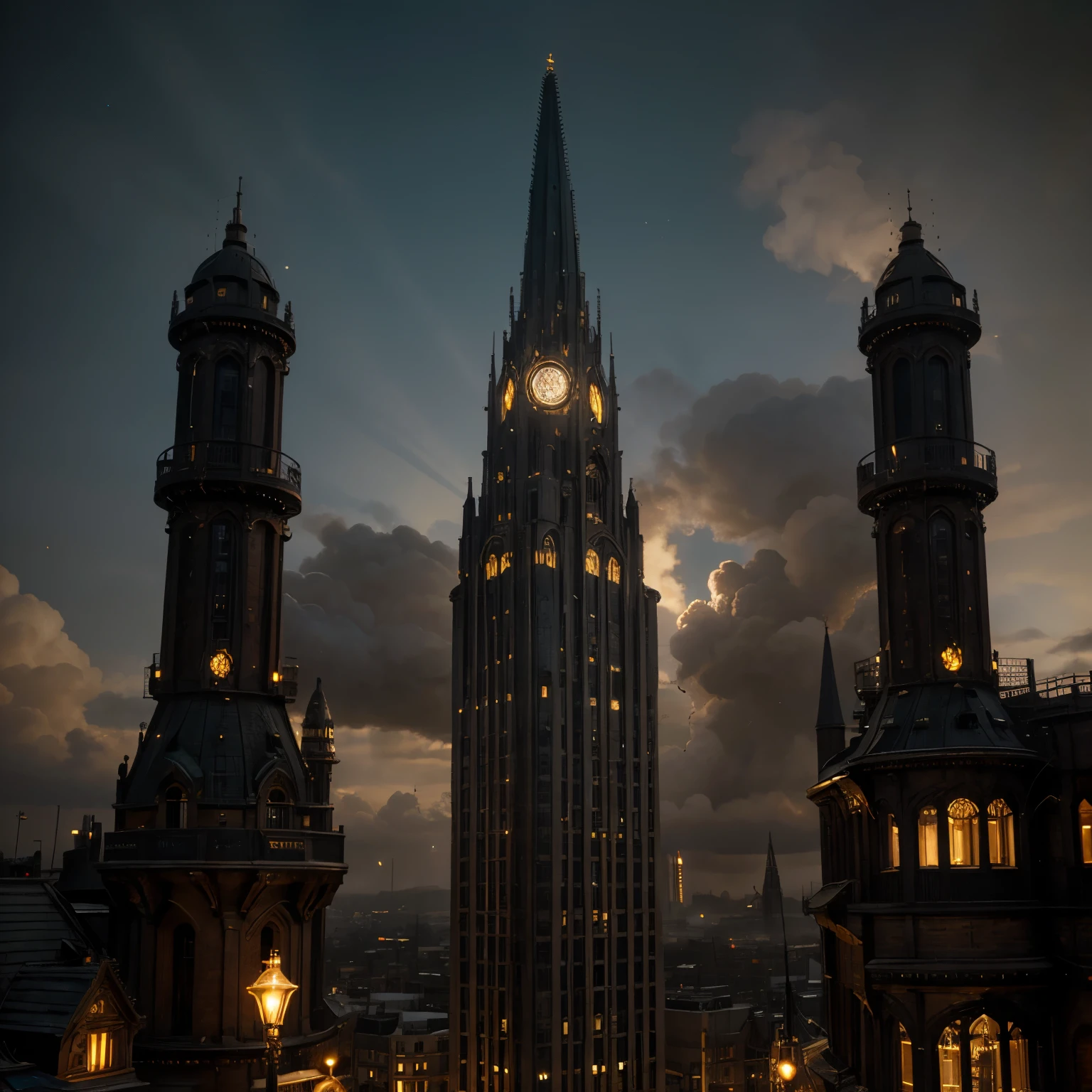 majestic steampunk cyperpunk city, with steam technology and glowing magic. building's spires gleam, with clockwork mechanisms, warm glow over streetlights. [[street level view]]