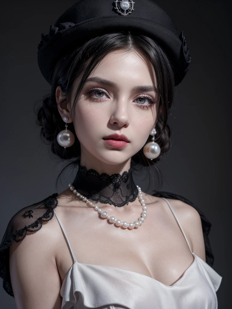 Alcina Dimitrescu is a character from the game "Resident Evil Village". As a result of the infection, Alcina has gray skin and yellow eyes, she has black hair tied in a bun, and wears makeup consisting of purple eyeshadow and red lipstick.
She wears a white dress with details and two black roses at her side, with black gloves, high heels, earrings and pearl necklaces with the Dimitrescu family crest. She wears a vast and characteristic black hat.