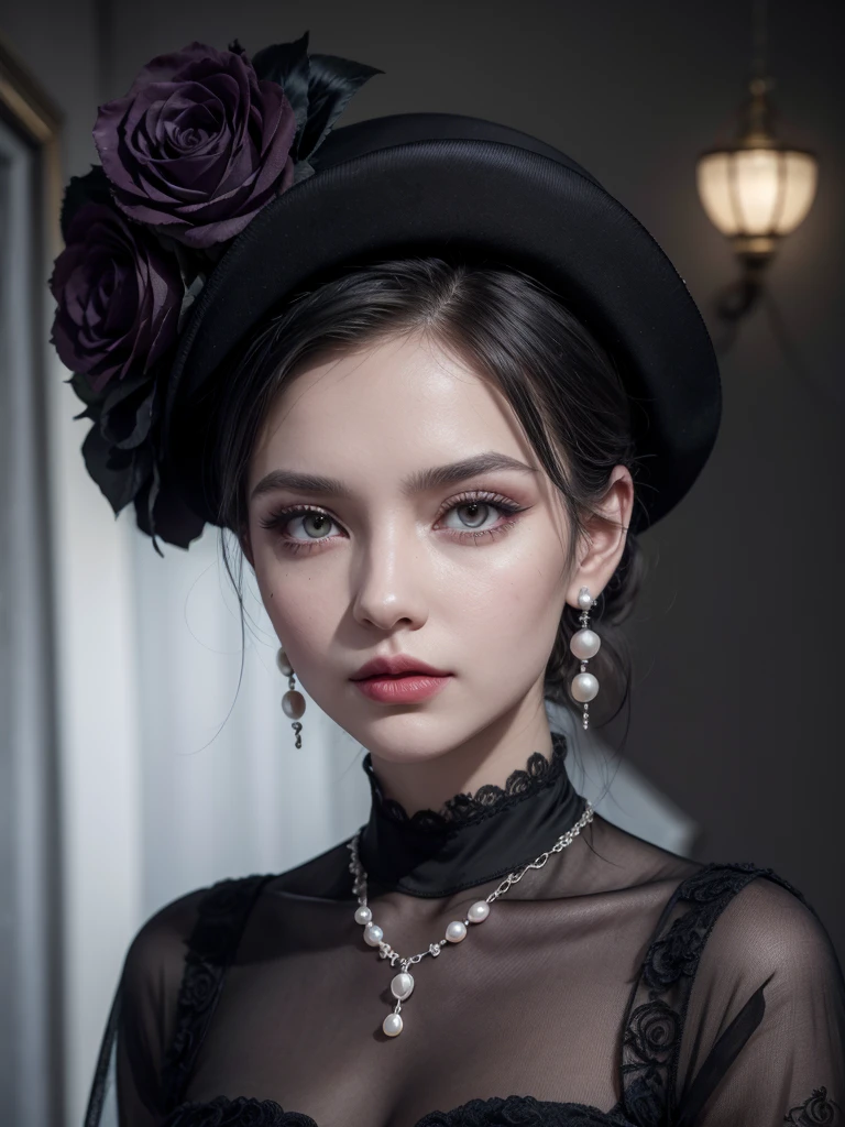 Alcina Dimitrescu is a character from the game "Resident Evil Village". As a result of the infection, Alcina has gray skin and yellow eyes, she has black hair tied in a bun, and wears makeup consisting of purple eyeshadow and red lipstick.
She wears a white dress with details and two black roses at her side, with black gloves, high heels, earrings and pearl necklaces with the Dimitrescu family crest. She wears a vast and characteristic black hat.