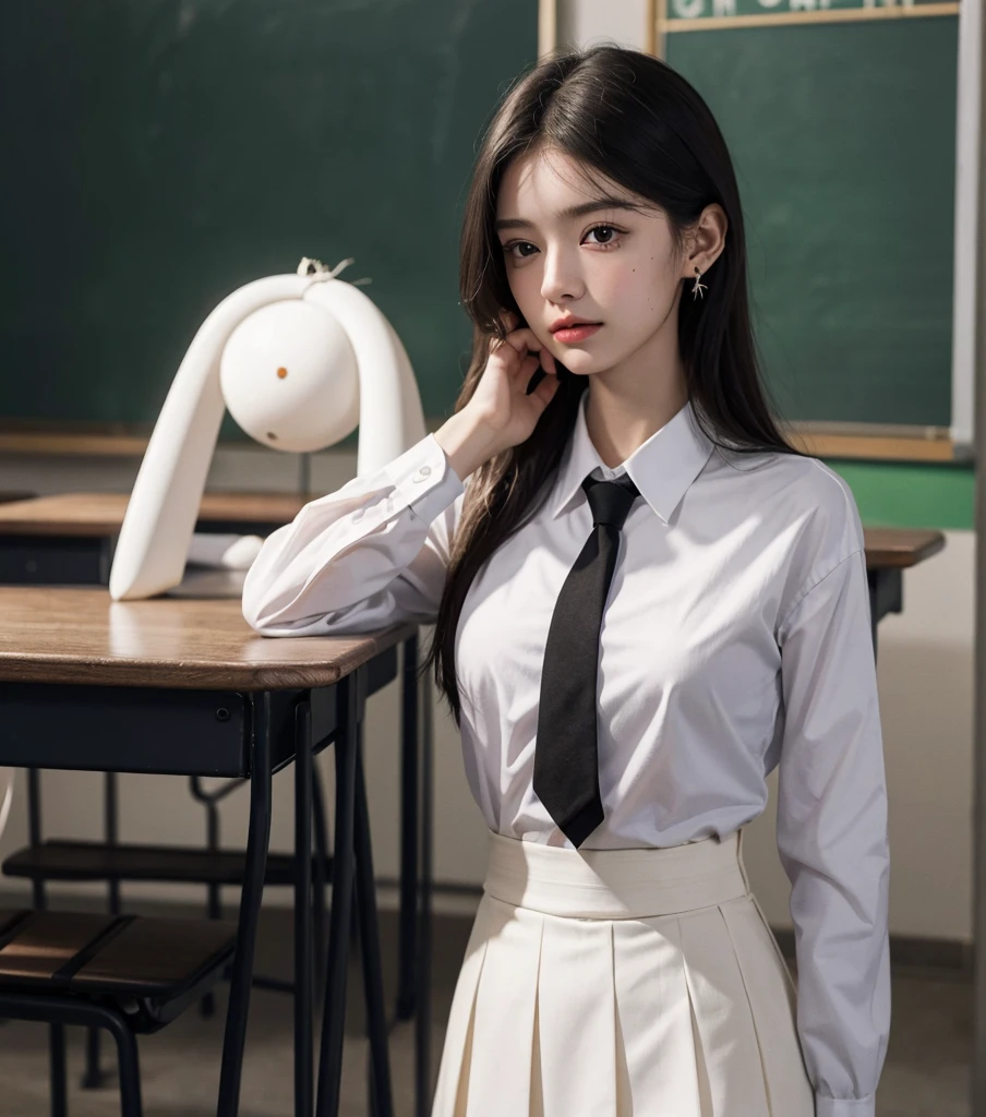 absurdres, RAW photo, extremely delicate and beautiful, masterpiece, Best Quality, ultra high resolution, 32k, hyperrealistic, ultra-detailed, in her 20s, very Slim body, narrow waist, very small head, very small face, delicate facial features, tearful mole, earring, very huge round breasts, ((full body shot)), medium hair, black hair, ((school_uniform)), ((classroom)),