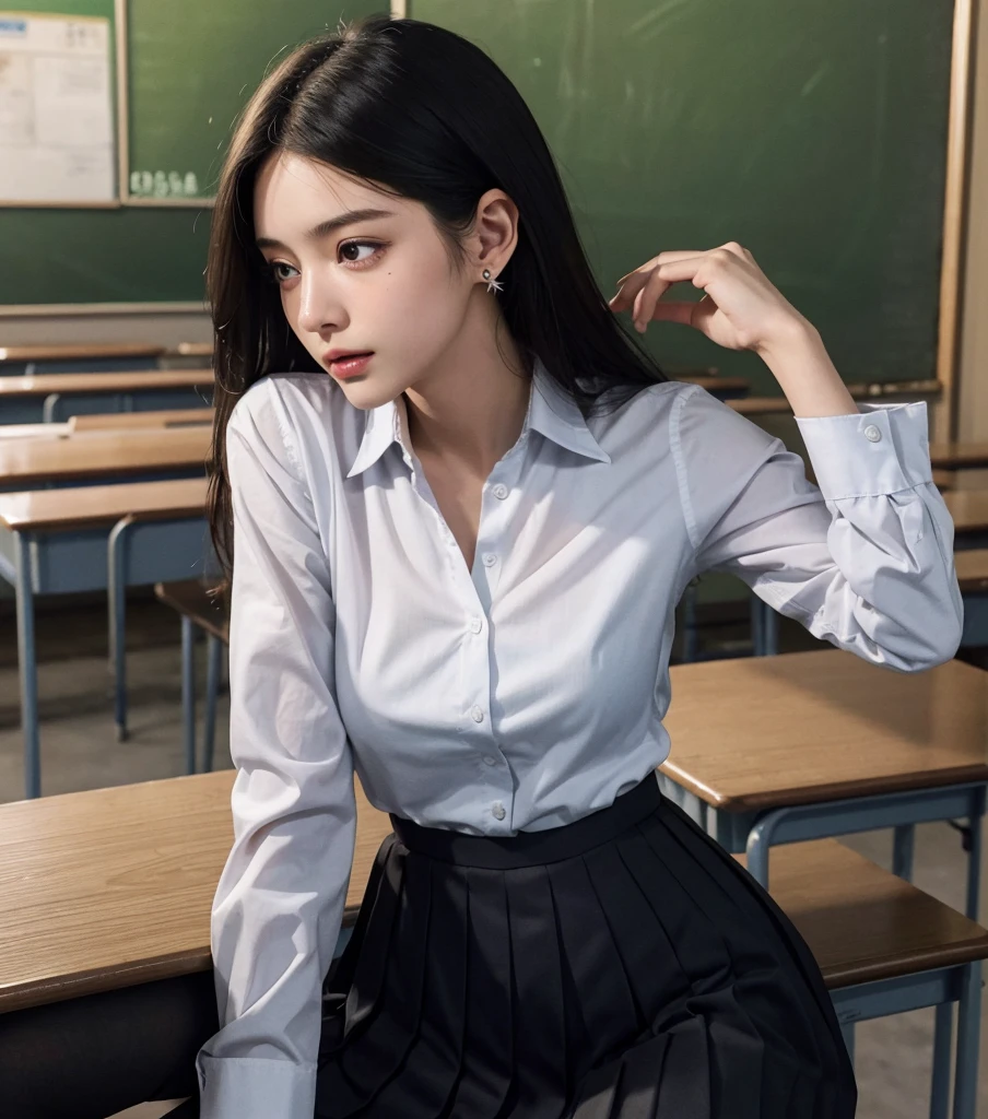 absurdres, RAW photo, extremely delicate and beautiful, masterpiece, Best Quality, ultra high resolution, 32k, hyperrealistic, ultra-detailed, in her 20s, very Slim body, narrow waist, very small head, very small face, delicate facial features, tearful mole, earring, very huge round breasts, ((full body shot)), medium hair, black hair, ((school_uniform)), ((classroom)),