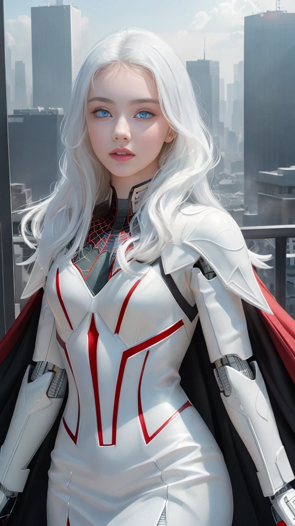 (1 girl:1.3), Alone, (((Very detailed face)))), ((Very detailed eyes and face.)))), beautifuls detalles ojos, body parts__, Official Art, unified 8k wallpaper, super detailed, beautiful and beautiful, beautiful, Masterpiece, Best Quality, Original, Masterpiece, super fine photo, Best Quality, super high resolution, realistic realism, sunlight, Full length portrait, extraordinary beauty, dynamic pose, delicate face, vibrant eyes, (FROM THE FRONT), He wears a Spider-Man suit., red and black color scheme, spider, fondo muy detallado del Ceiling de la ciudad, Ceiling, with city views, detailed face, detailed complex busy background, disordered, gorgeous, milky white, very detailed skin, realistic skin details, visible pores, clear focus, volumetric fog, 8k hd, DSLR, high quality, film grain, White skin, photographic realism, lomography, Futuristic dystopian megalopolis, translucent, eyes looking at the camera, Big , short hair,white hair ,full body,mecha,cyborg,robotic,long hair