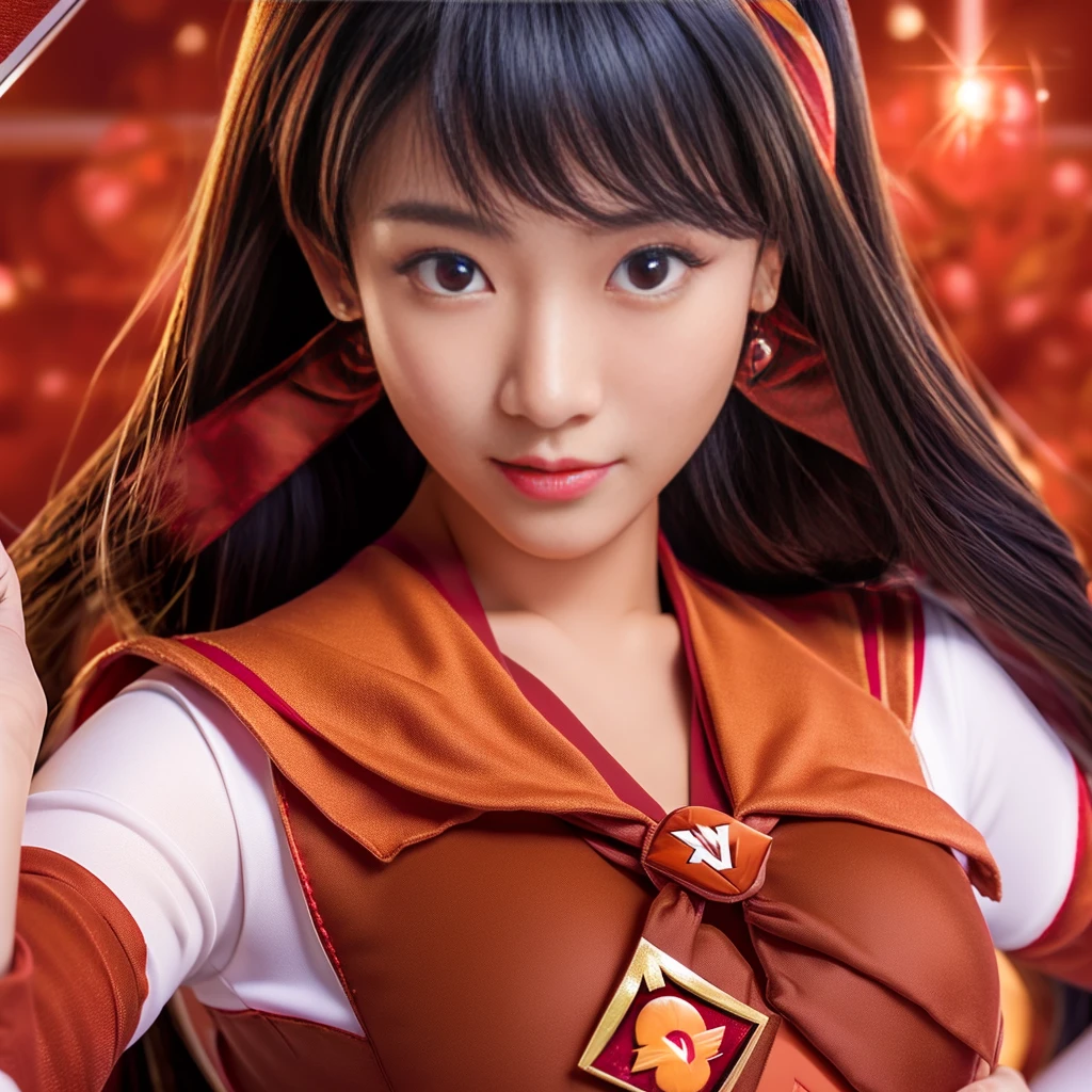 Highest quality,masterpiece,Very detailed, 8K,14 year old beautiful Japanese woman:1.5, Small face, (Detailed glamorous red Sailor Mars costume:1.5), Breast Augmentation Surgery, Very detailedな臭い脇の下、 Dynamic Angle