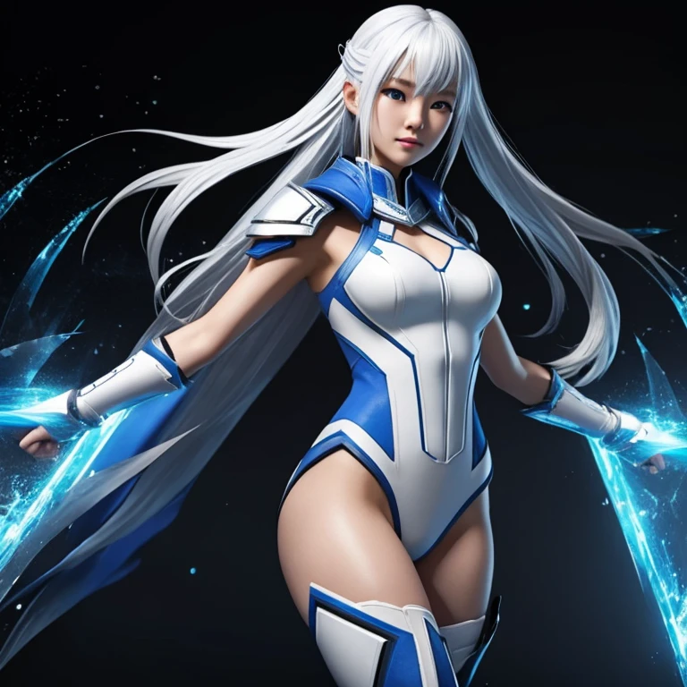 Korean girl, white long hair with bangs, icy blue eyes, white skin, white skimpy ninja suit, video game style, mortal kombat style