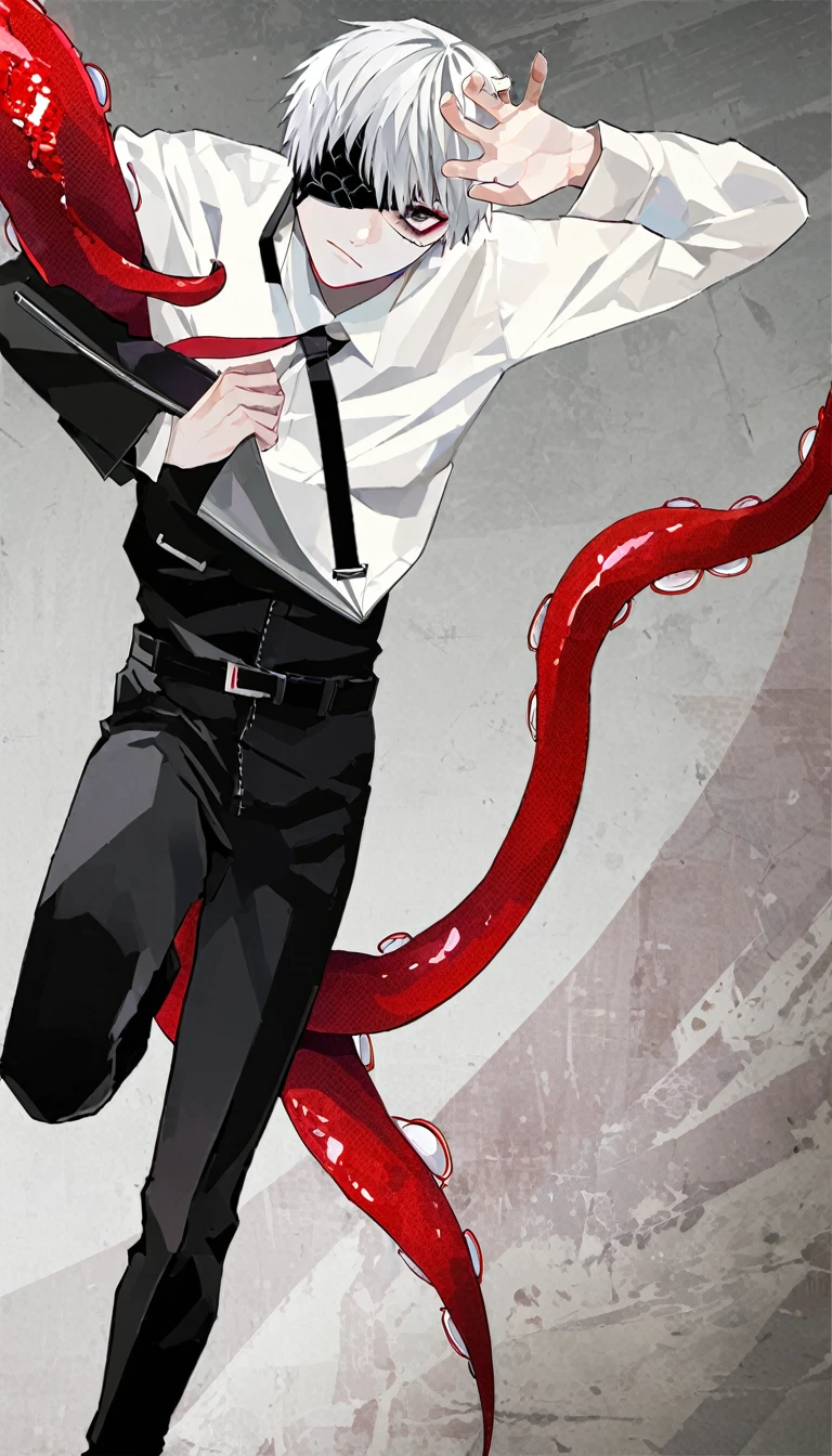 ```
ken kaneki, Tokyo Ghoul, white hair, black outfit, eyepatch, half-ghoul, serious expression, red kakugan eye, kagune tentacles, detailed face, high quality、Overall view、Uplifting、Cold-like sensation、Acrobatic

```