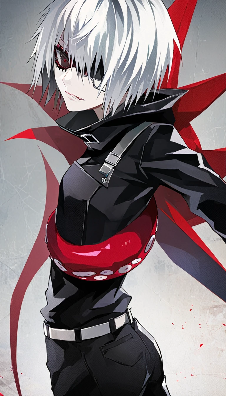 ```
ken kaneki, Tokyo Ghoul, white hair, black outfit, eyepatch, half-ghoul, serious expression, red kakugan eye, kagune tentacles, detailed face, high quality、Overall view、Uplifting、Cold-like sensation、Acrobatic

```