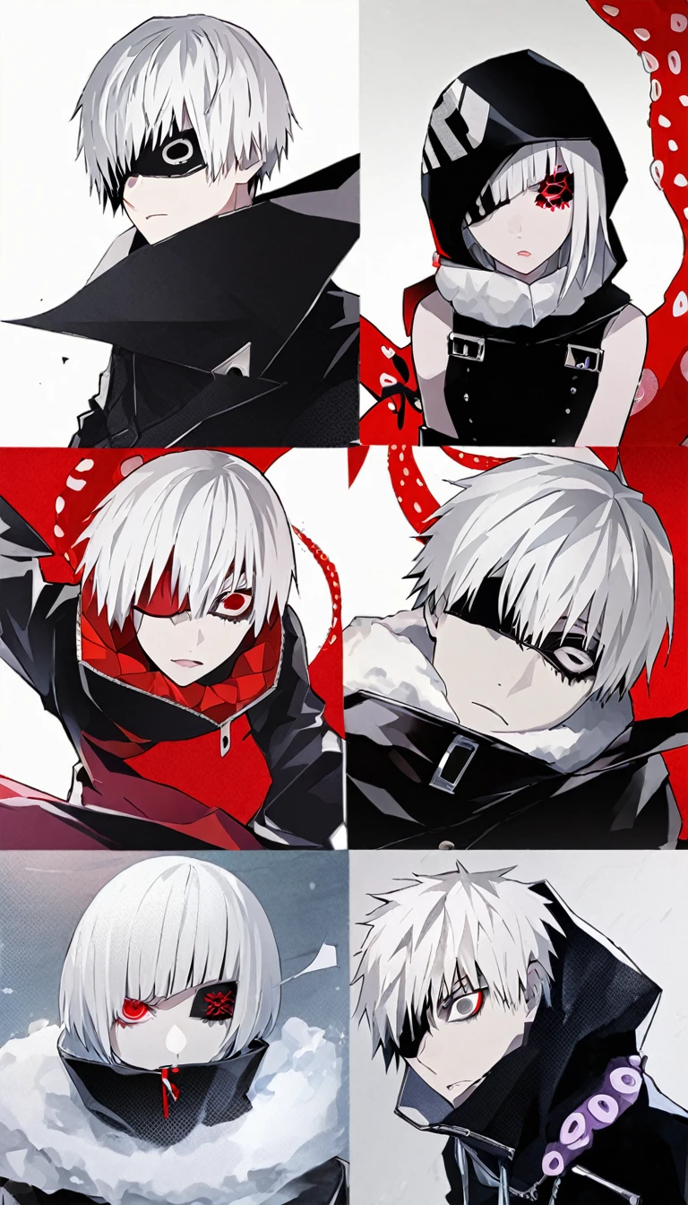 ```
ken kaneki, Tokyo Ghoul, white hair, black outfit, eyepatch, half-ghoul, serious expression, red kakugan eye, kagune tentacles, detailed face, high quality、Overall view、Uplifting、Cold-like sensation、Acrobatic

```